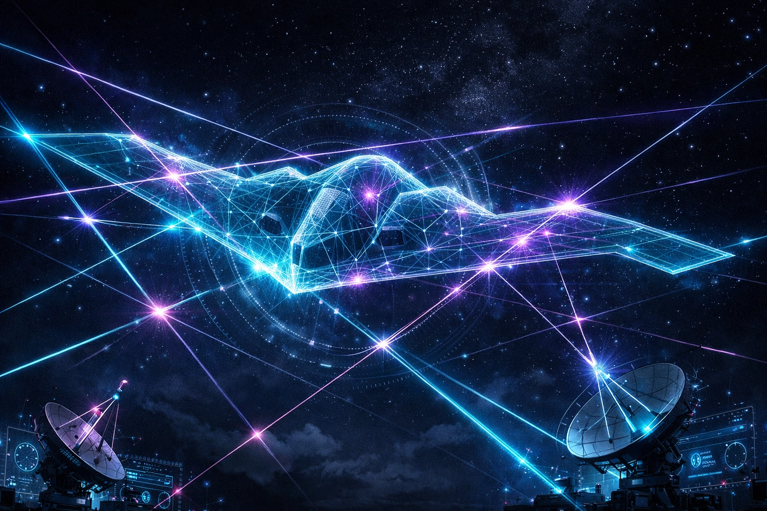 Digital illustration showing a stealth jet being detected by advanced quantum radar and AI sensors.