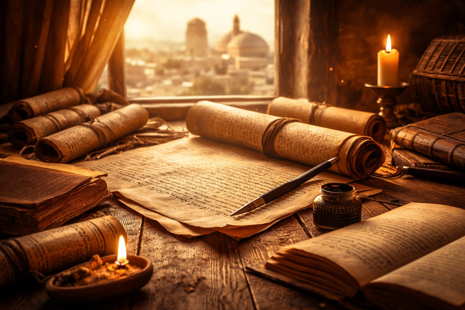 Ancient scrolls and manuscripts on a wooden table with Jerusalem in the background, illustrating historical evidence for Jesus.