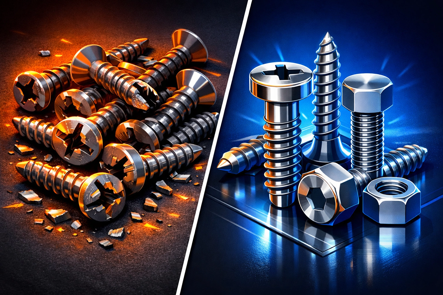 Comparison of damaged cheap screws versus quality construction fasteners showing rework costs