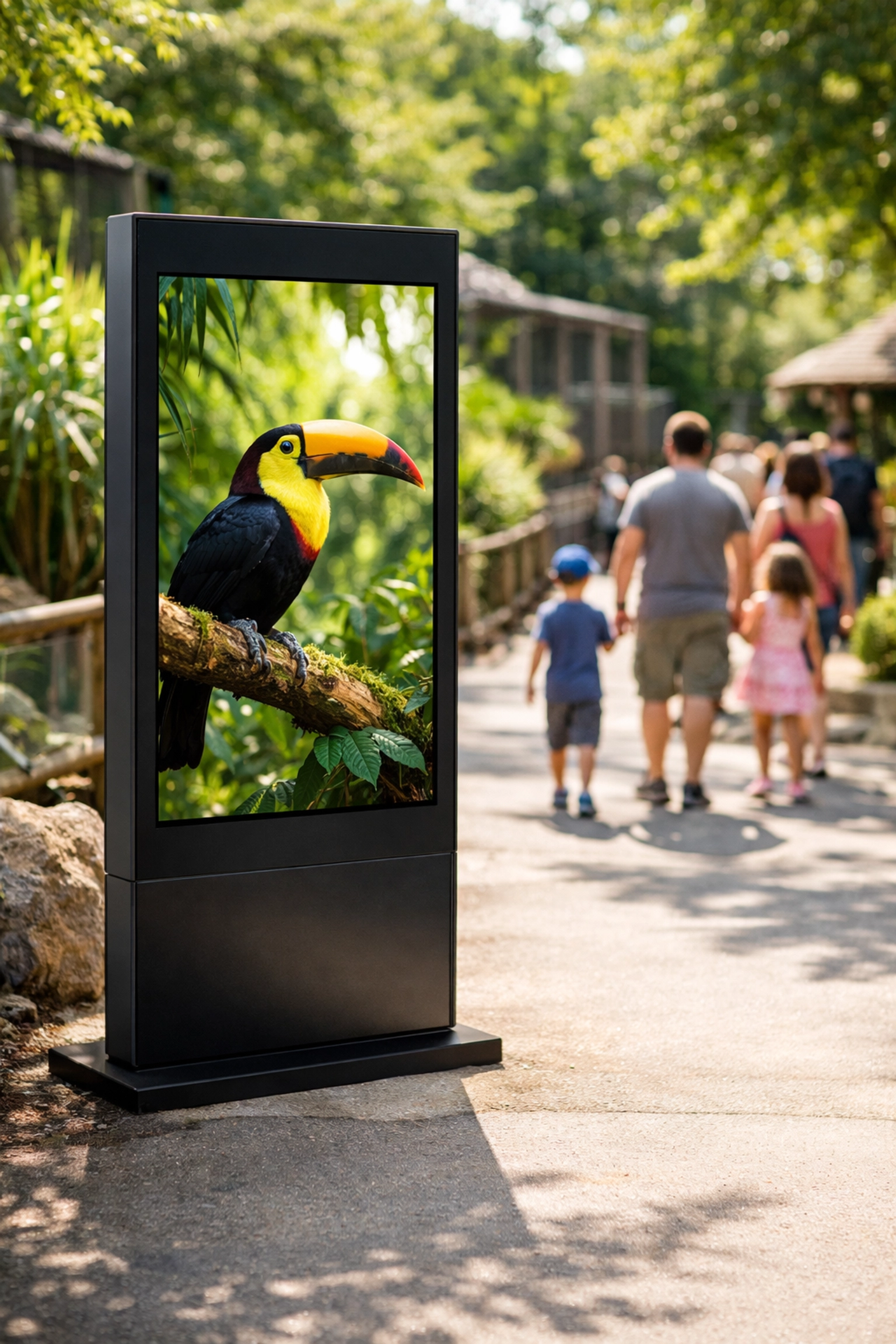 Digital signage kiosk at a zoo displaying wildlife content to enhance visitor engagement.