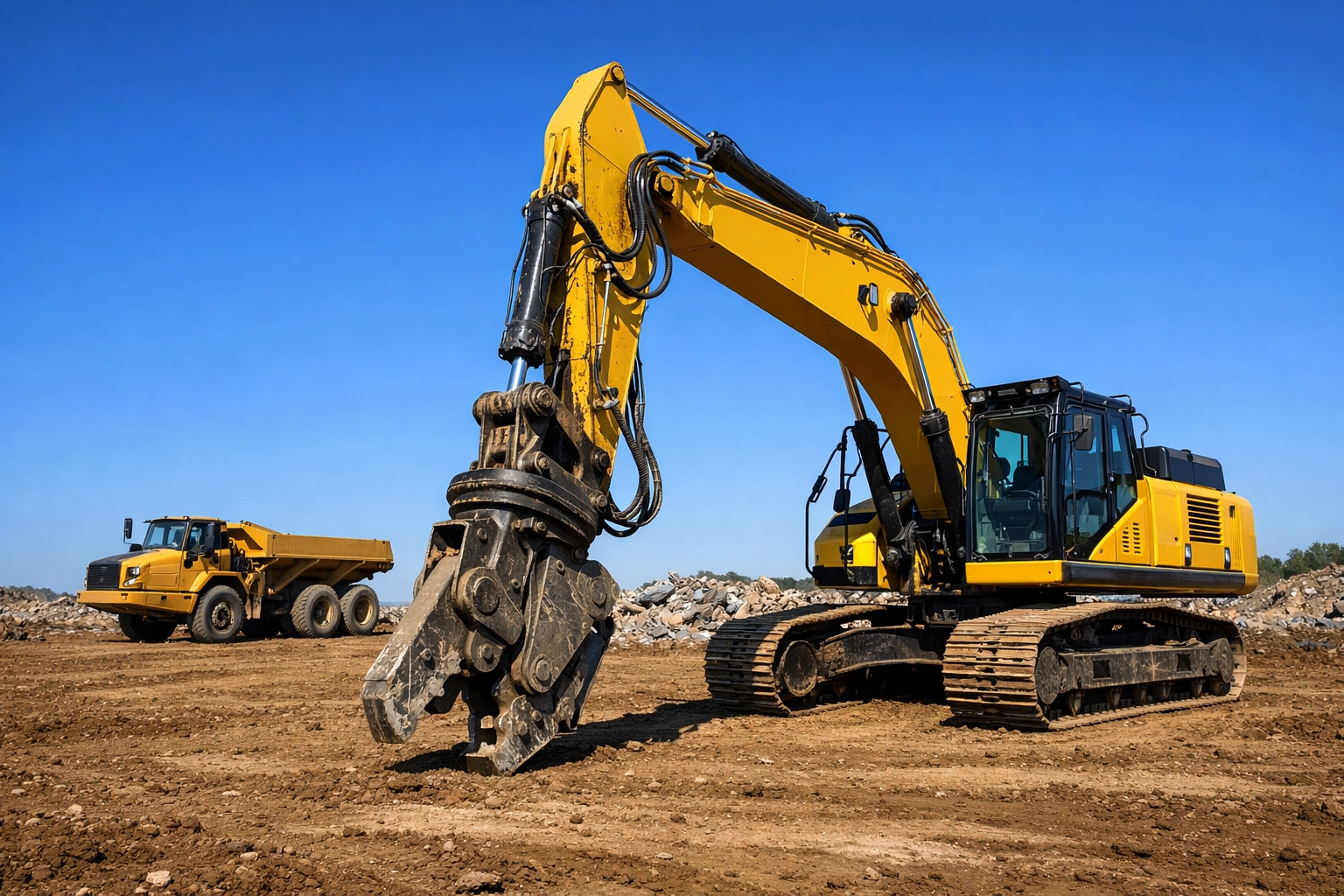 Heavy demolition plant machinery and excavator on cleared construction site