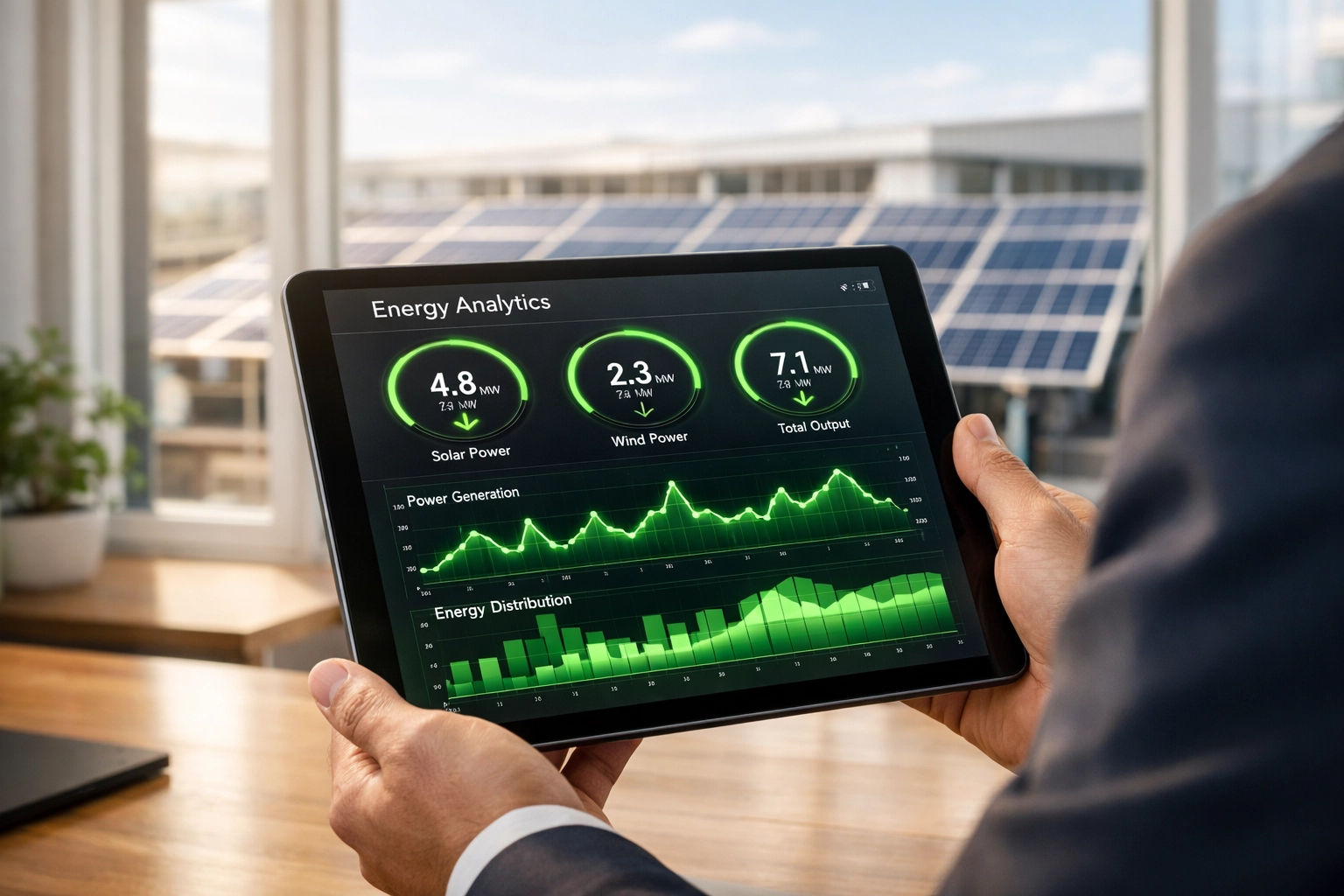 Digital dashboard monitoring business solar power performance and real-time energy efficiency in an office.