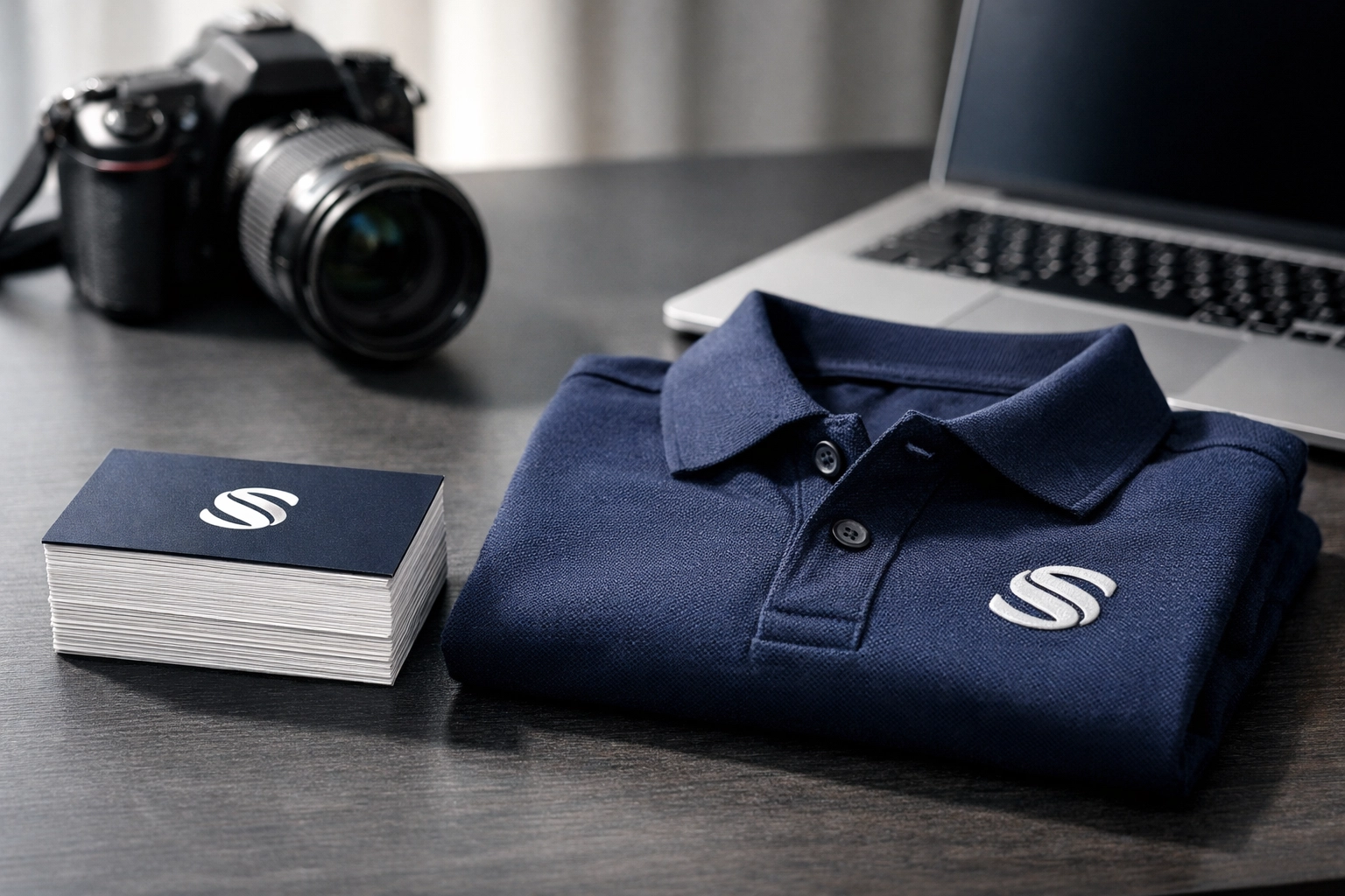 Professional business startup package with custom embroidered polo shirts and premium business cards.