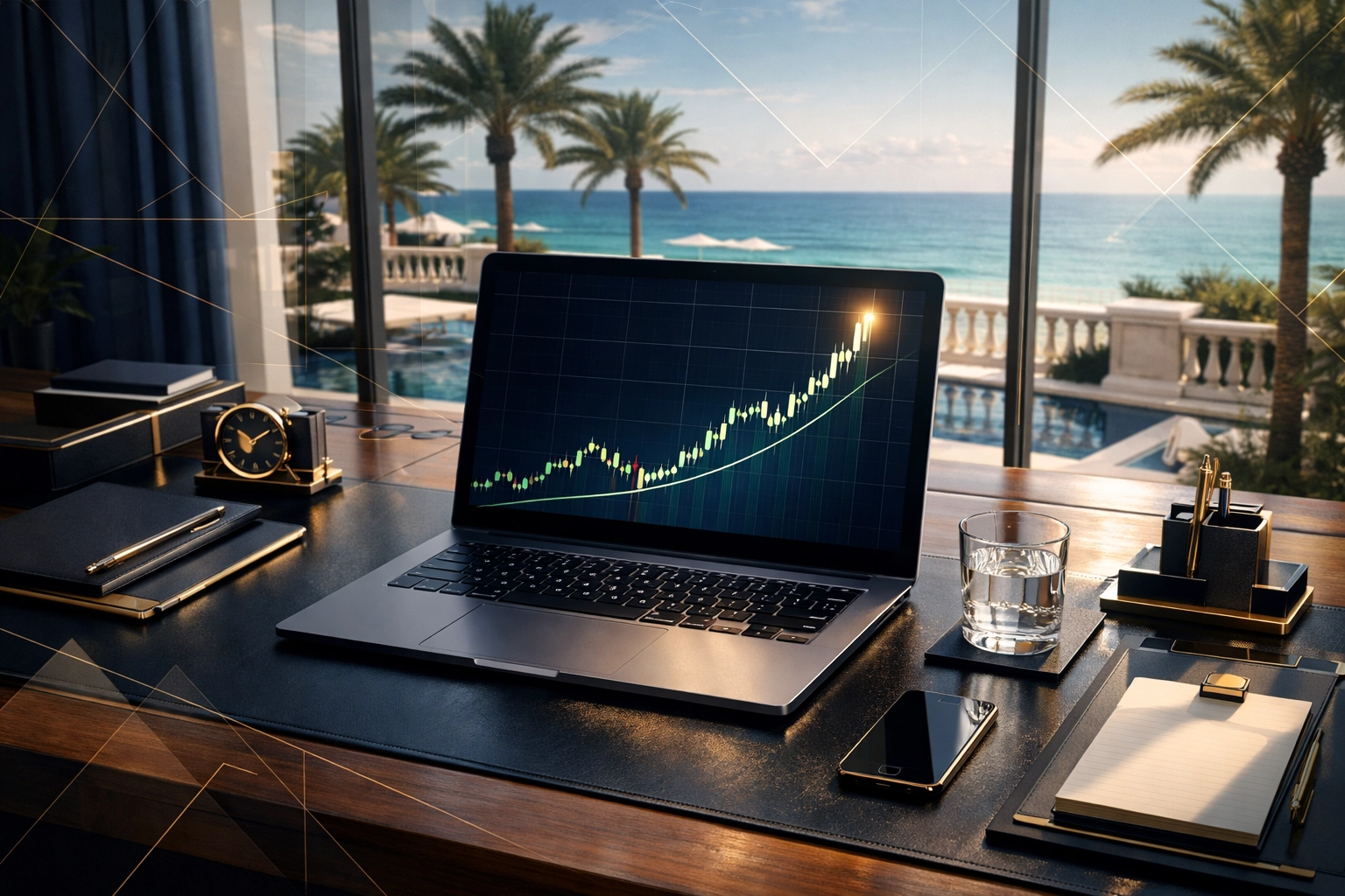Palm Beach executive desk with concentrated stock position chart showing investment risk