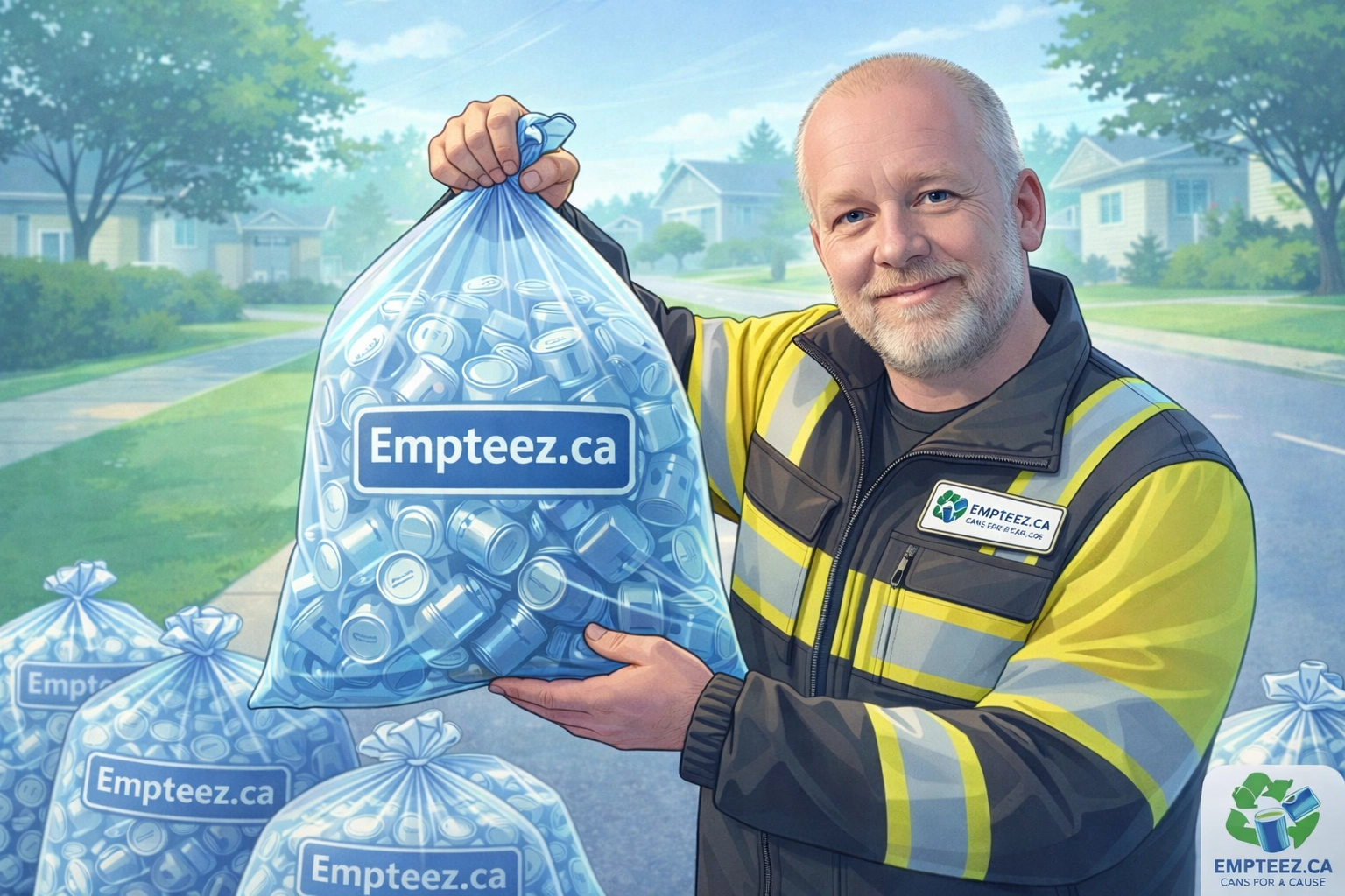 Tim “Can Man” Kemsley doing an Empteez.ca curbside pickup with Empteez.ca-branded bags of aluminum cans (official Empteez.ca logo visible)