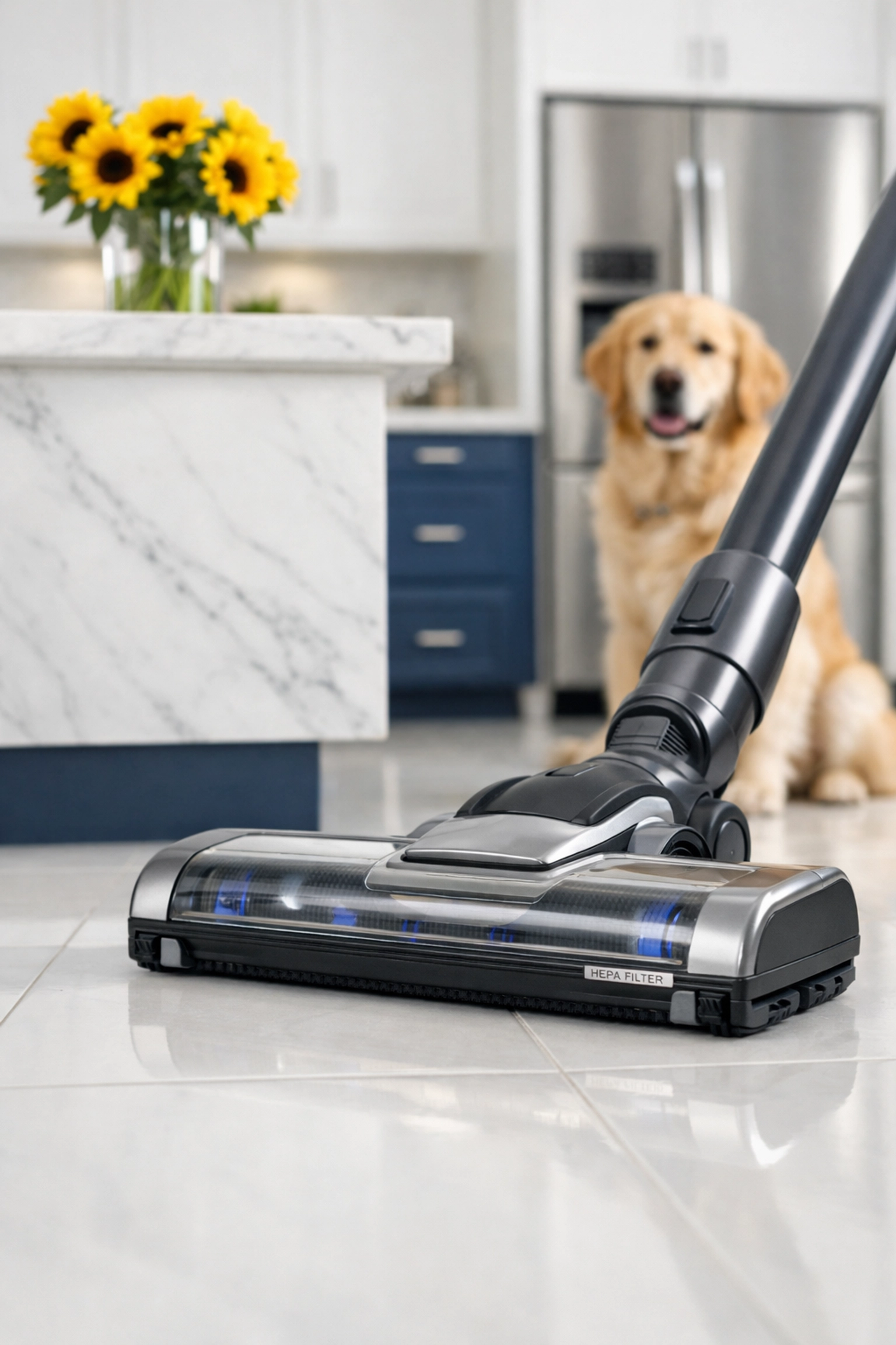 Professional cleaners in Wayland MA using a HEPA vacuum for a pet-friendly and allergen-free kitchen.