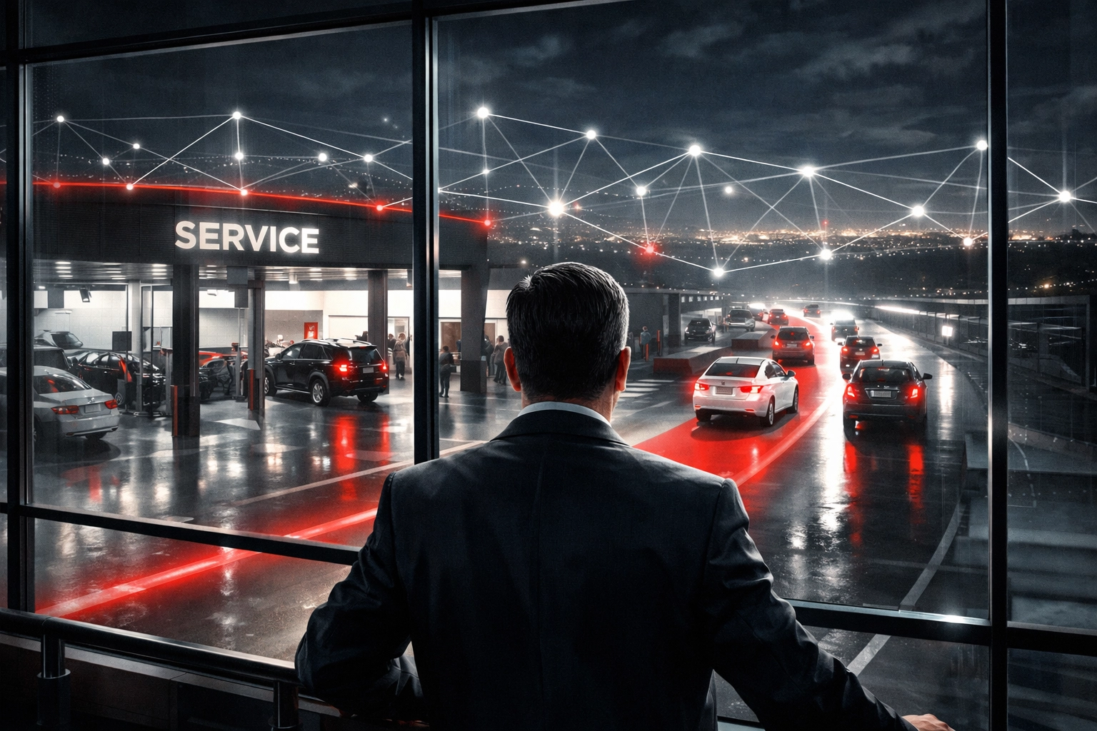 A dealership manager monitoring a connected network of service drive traffic and market opportunities.