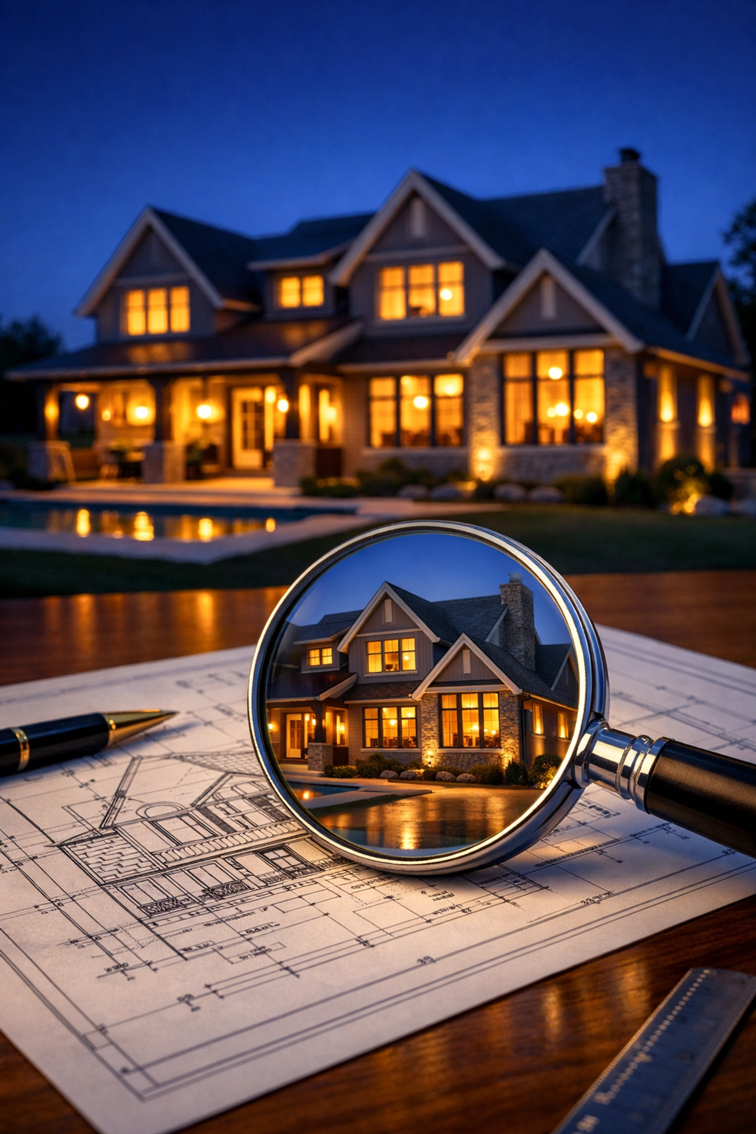 Architectural photo of a luxury home and blueprint representing traditional real estate investment.