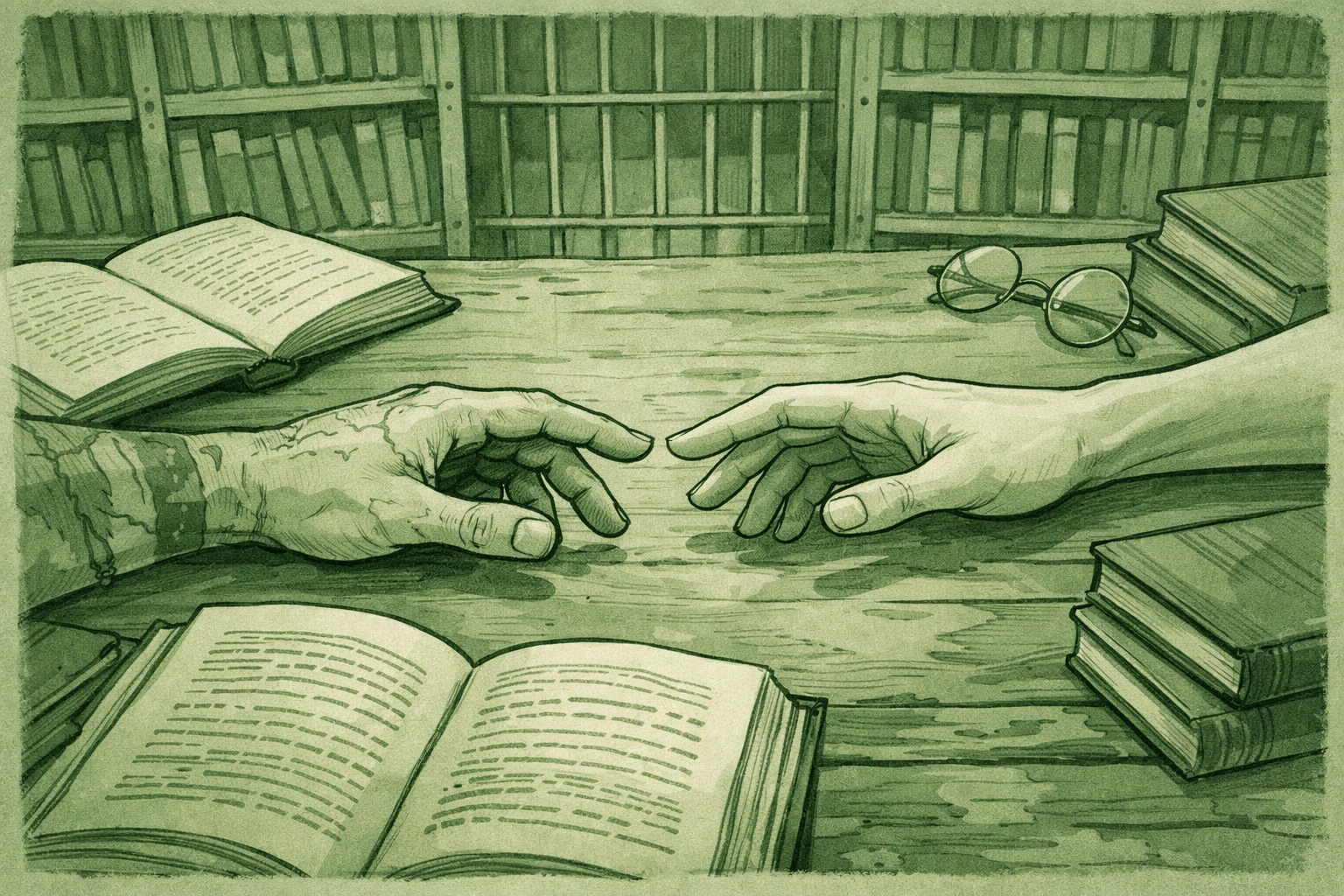 Prison romance longing: two men's hands nearly touching across library table - gay love story