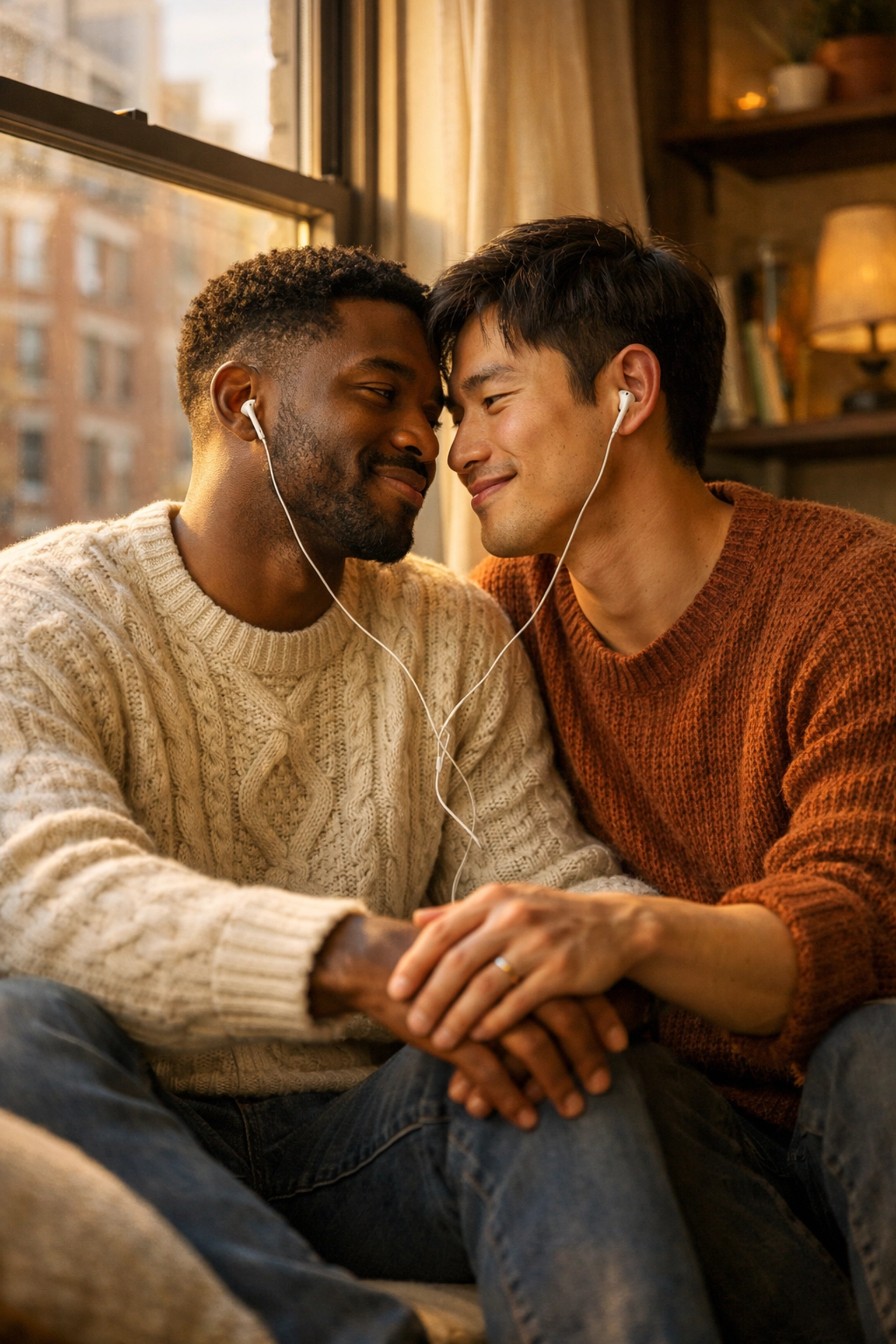 Affectionate biracial gay couple sharing headphones, representing diverse hearts in MM romance books.