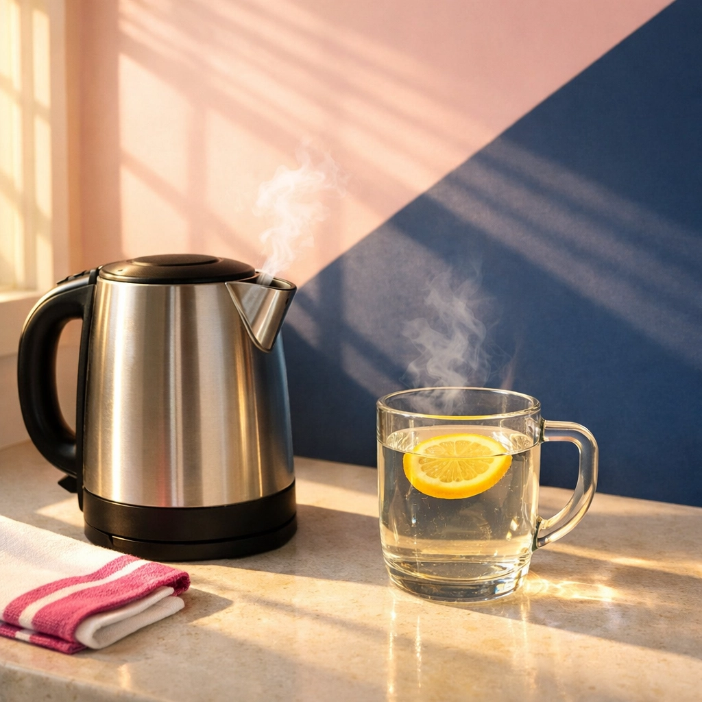 Morning hot water with lemon in glass mug next to kettle for metabolism boost