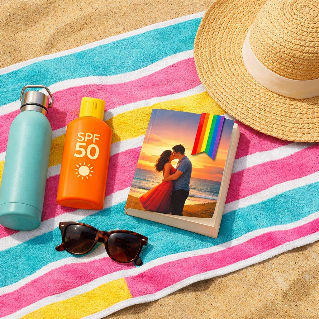 Beach day essentials with sunscreen and LGBTQ+ romance novel on colorful towel at Haulover