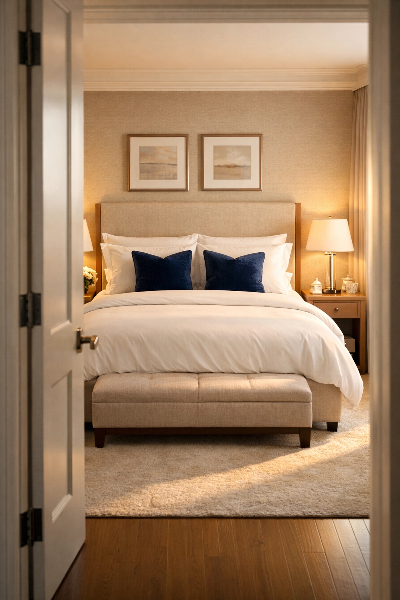 A dust-free luxury bedroom sanctuary created by regular residential cleaning in Sharon Massachusetts.