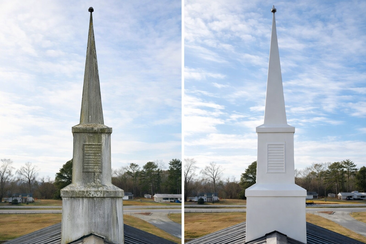 Before-and-after of a church steeple restored with soft washing