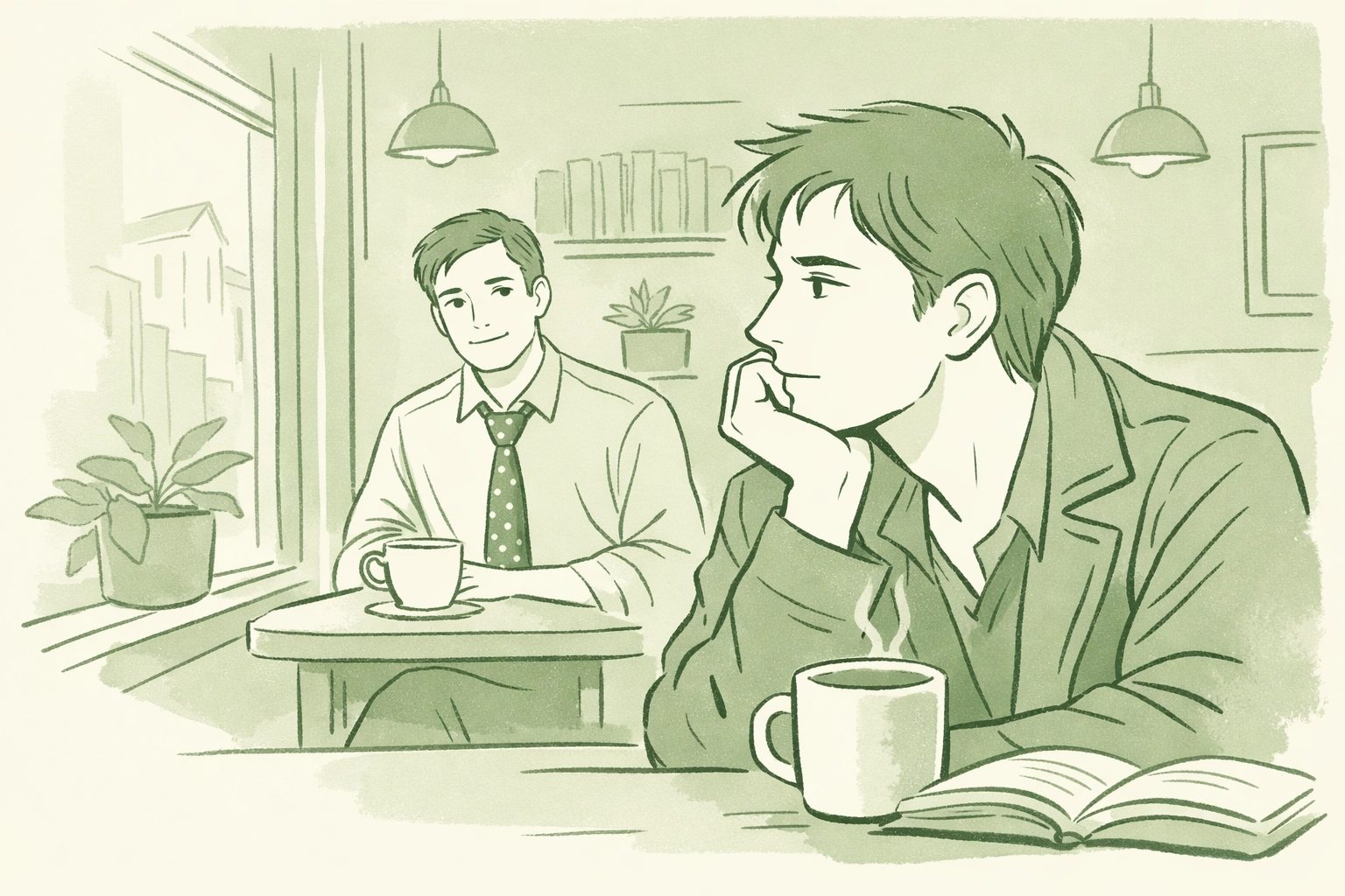 Two men in coffee shop scene from contemporary gay romance The Man in the Polka-Dot Tie