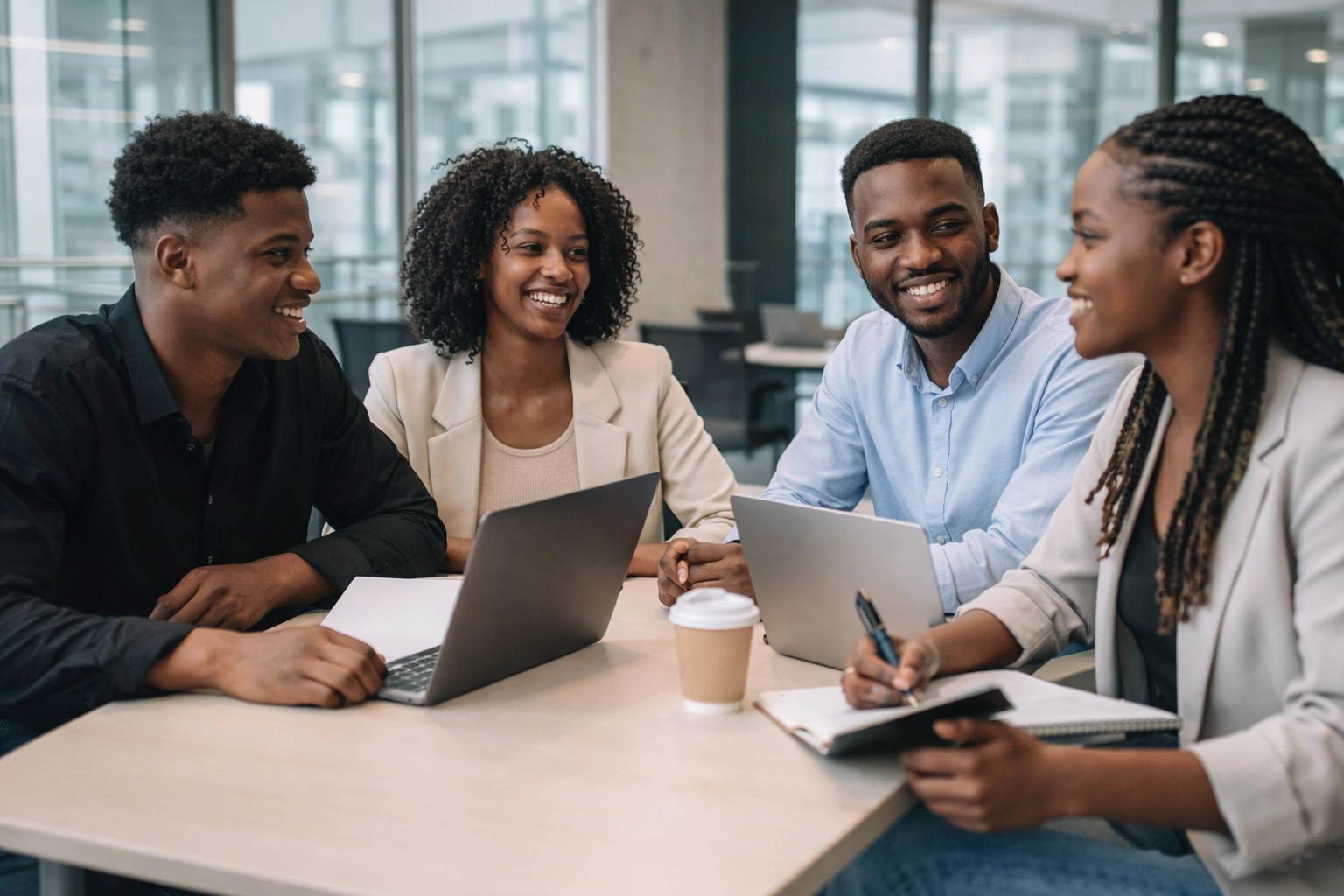 Jovens estudantes cabo-verdianos num ambiente moderno em Portugal (campus/escritório), transmitindo sucesso e transição para o mercado de trabalho.