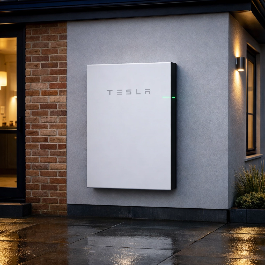 Tesla Powerwall battery unit installed on a modern British home to ensure peak solar performance.