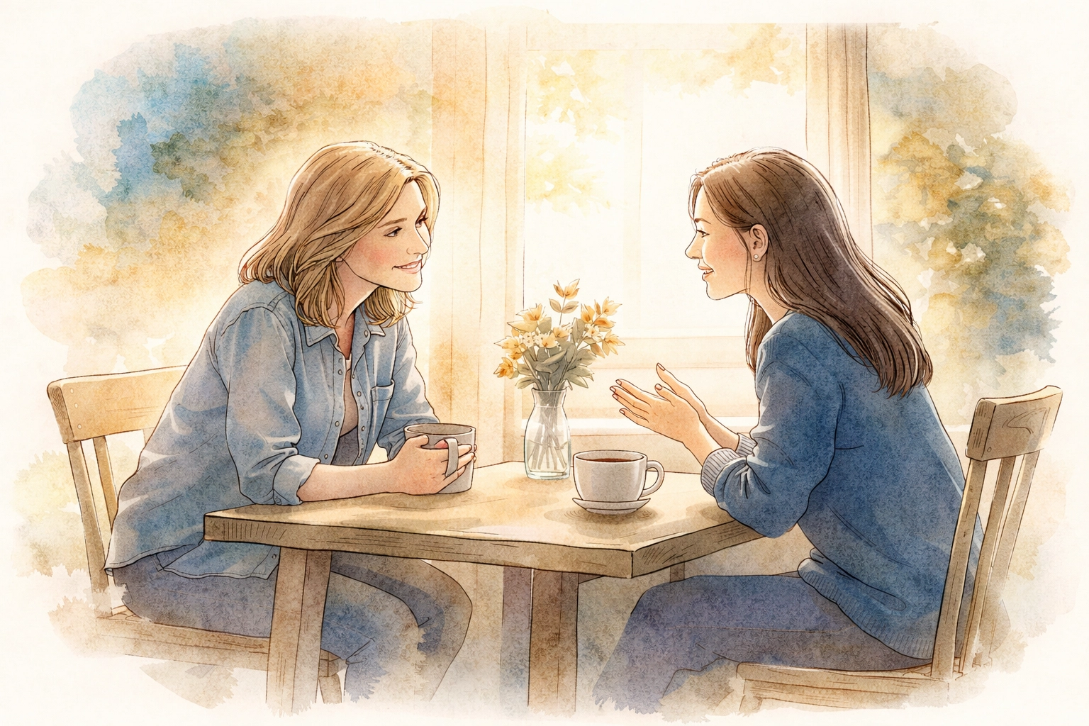 Watercolor illustration of two people deeply engaged in conversation, reflecting presence and trust in church community.