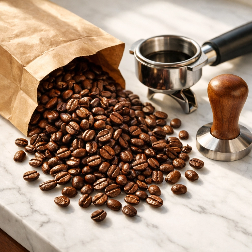 Fresh roasted specialty coffee beans with espresso portafilter and tamper