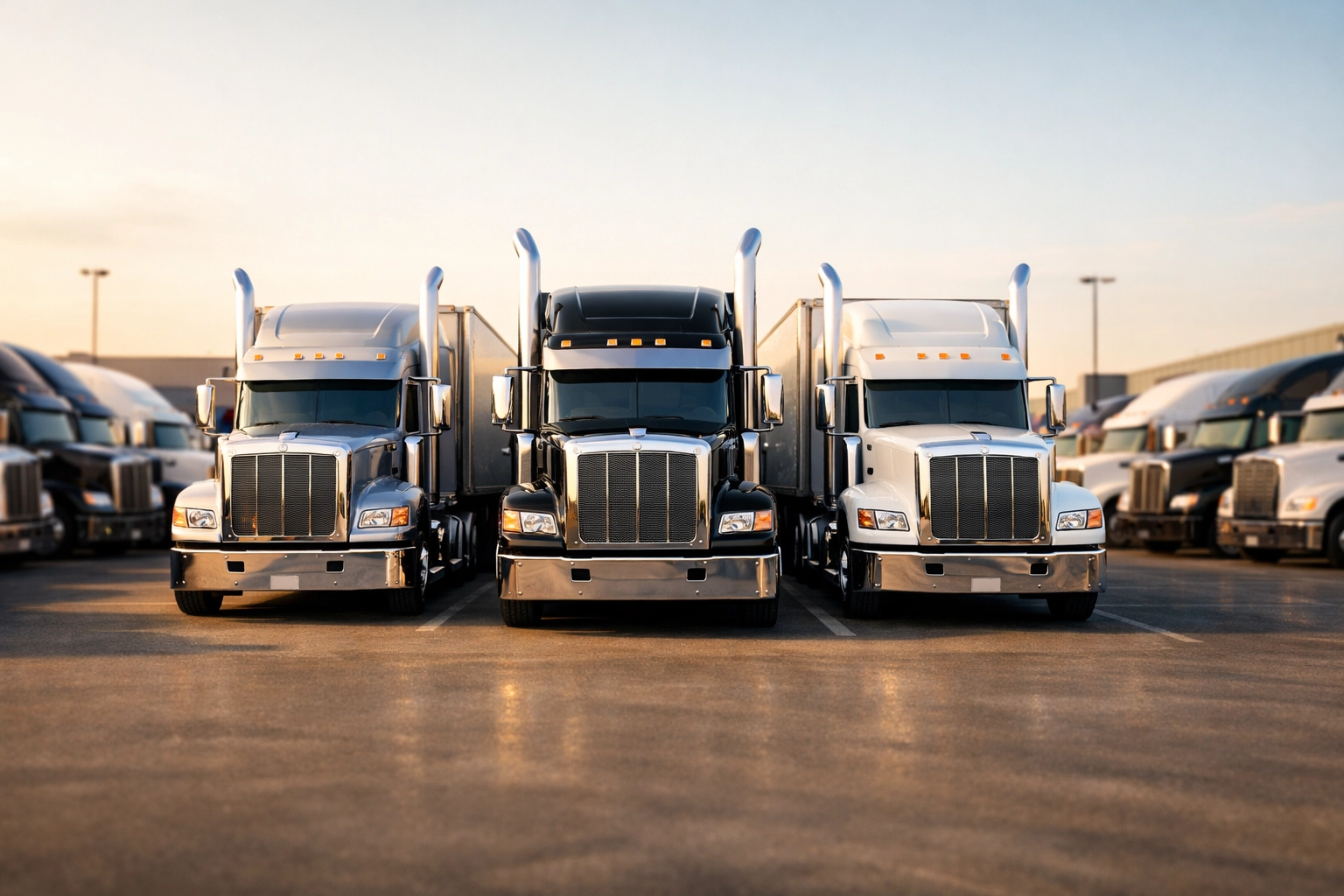 Fleet of commercial trucks in a transport yard representing successful business expansion and funding.
