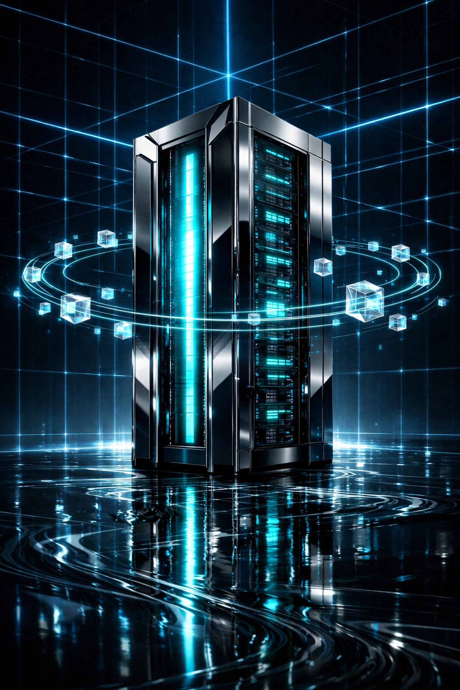 Futuristic server tower representing dedicated server management for secure legal data hosting.