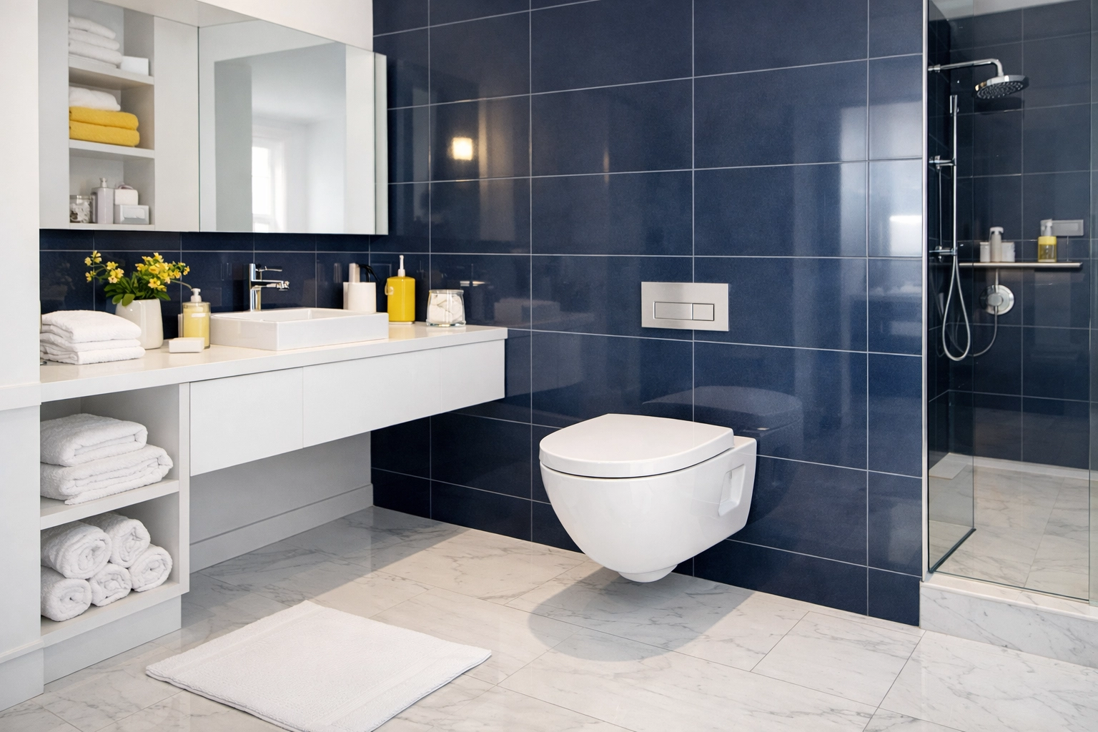 Modern white porcelain toilet in a luxury bathroom prepared for hard water ring cleaning.