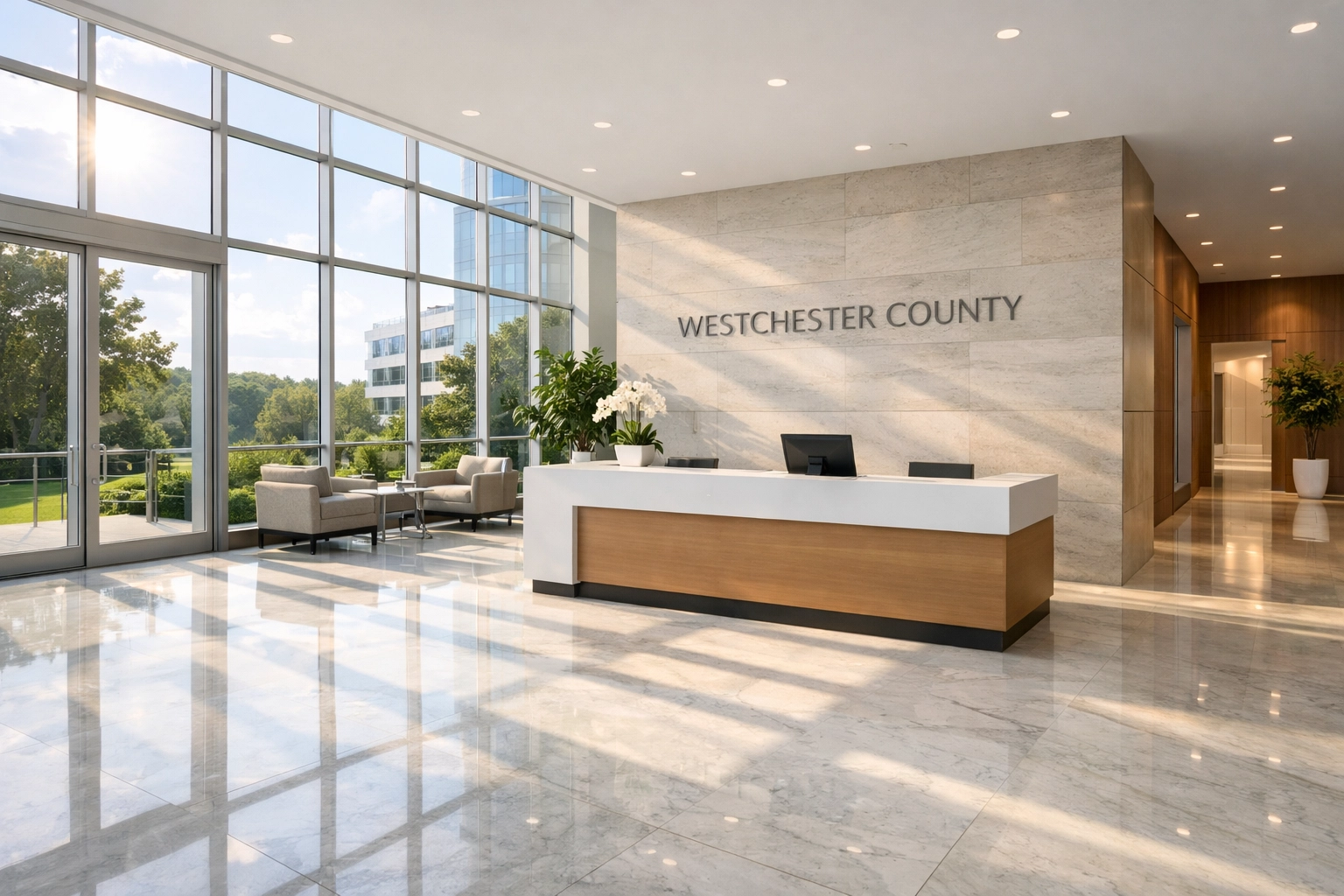 Modern office lobby maintained by professional commercial cleaning services Westchester County NY.