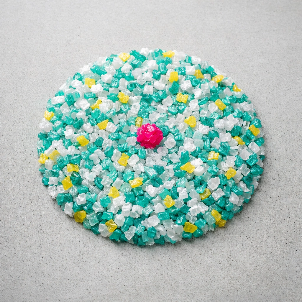 Macro shot of high-quality recycled plastic flakes used by Australian manufacturers to create sustainable products.