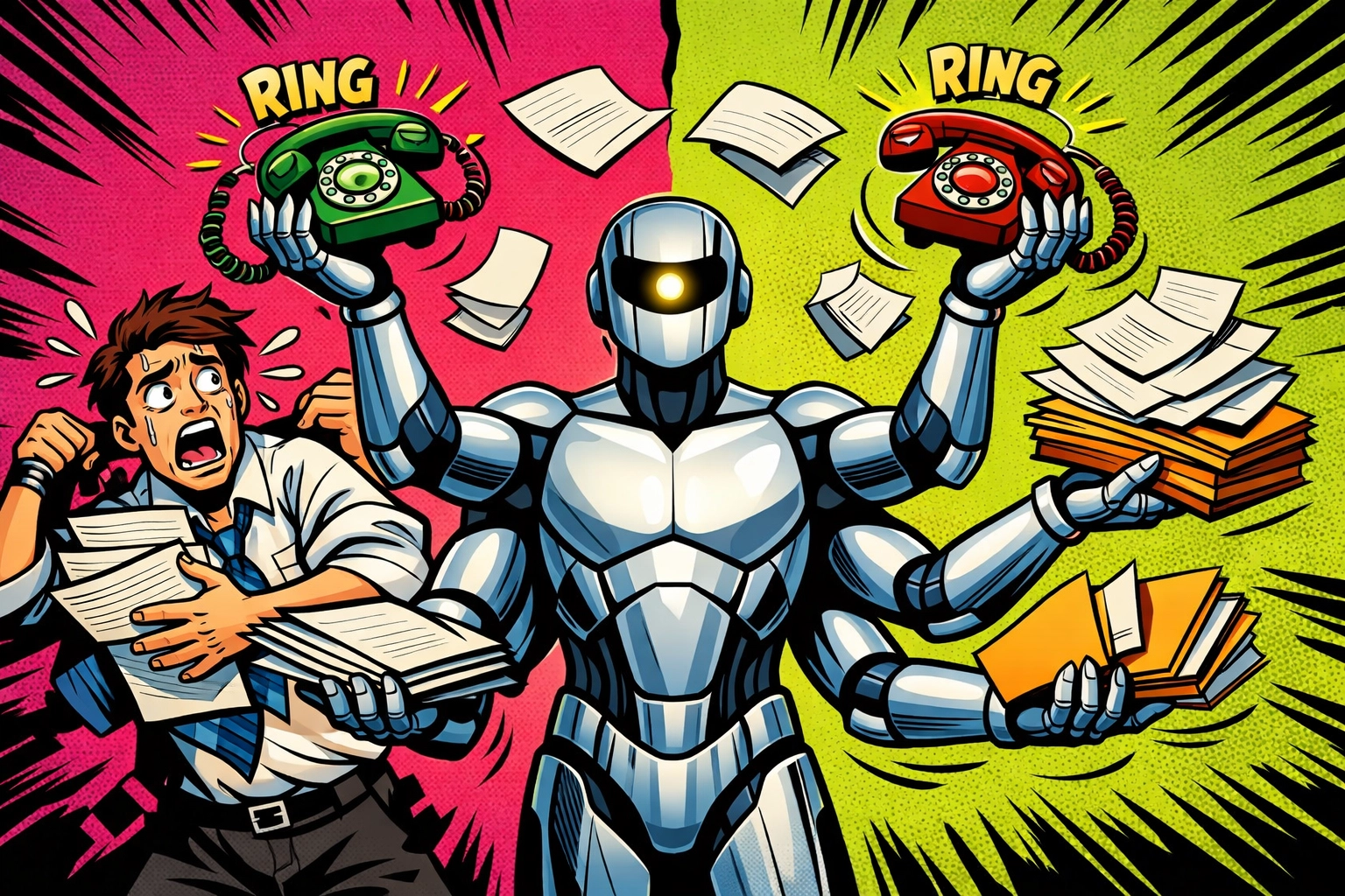 Comic illustration showing AI business automation tools organizing tasks and ending business chaos.