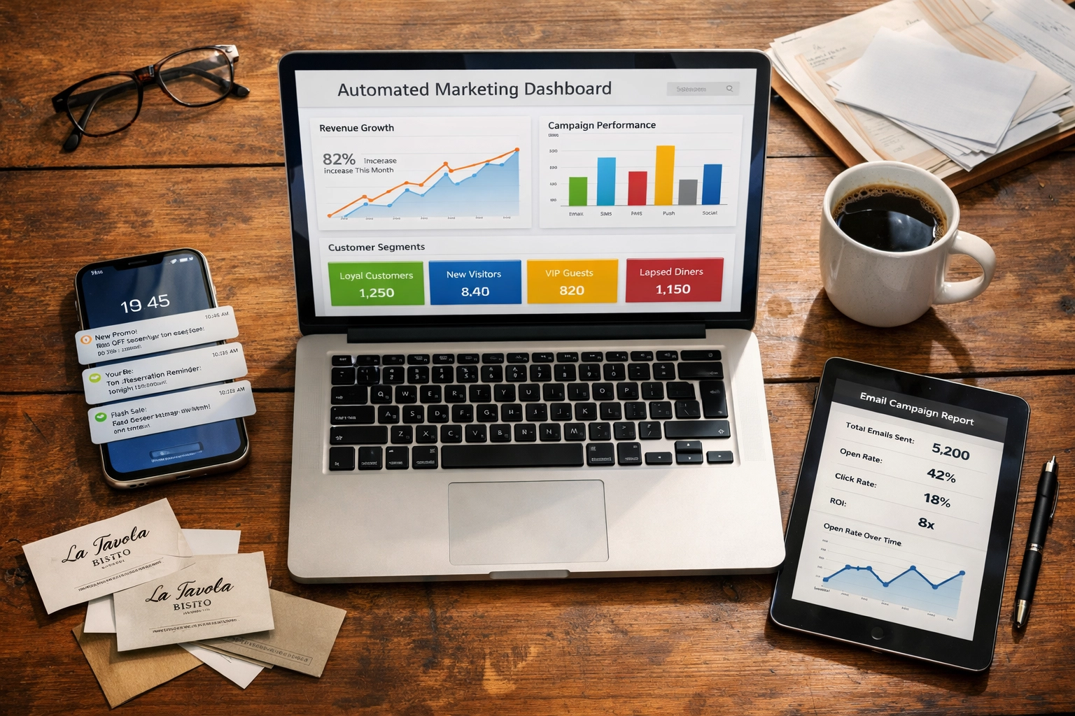 Restaurant owner desk with automated marketing dashboard displaying analytics and customer data