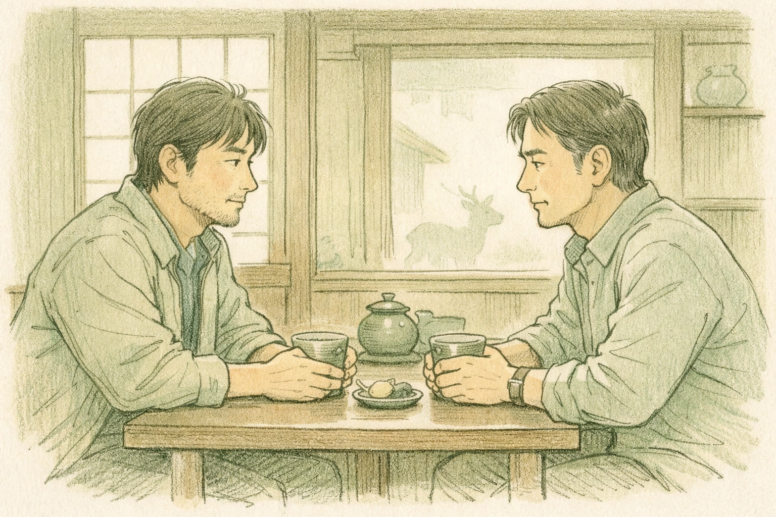 Gay couple having quiet conversation in traditional Japanese café in historic Nara