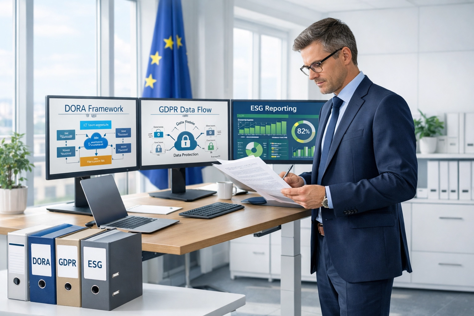 Compliance officer reviewing DORA, GDPR, and ESG frameworks for ServiceNow implementation