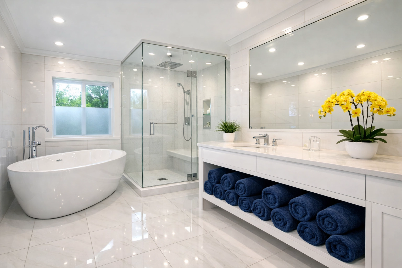Spotless spa-like bathroom in a Newton residence featuring polished porcelain tiles and soaking tub.