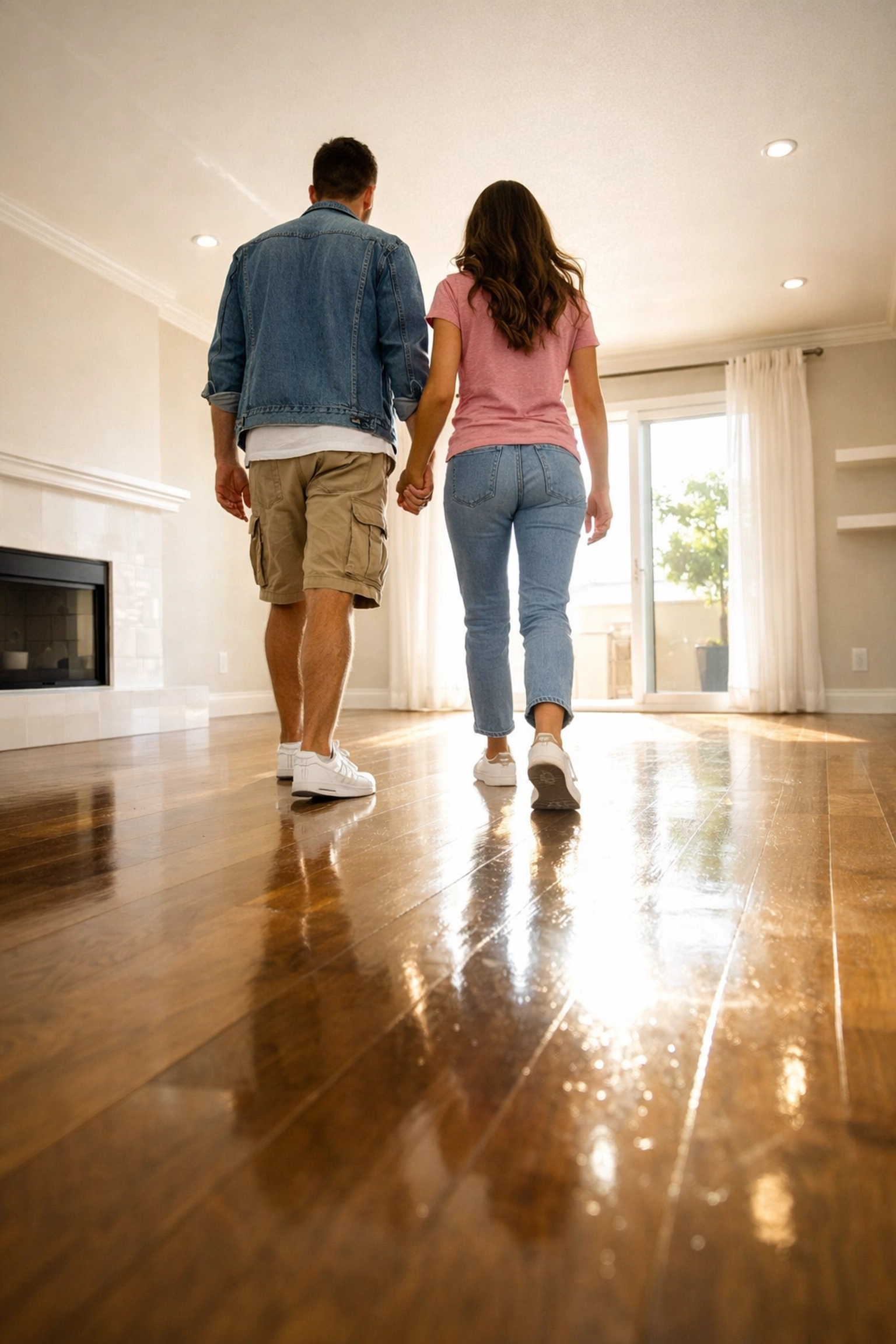 New tenants entering a sunlit, move-in ready apartment after professional turnover cleaning.