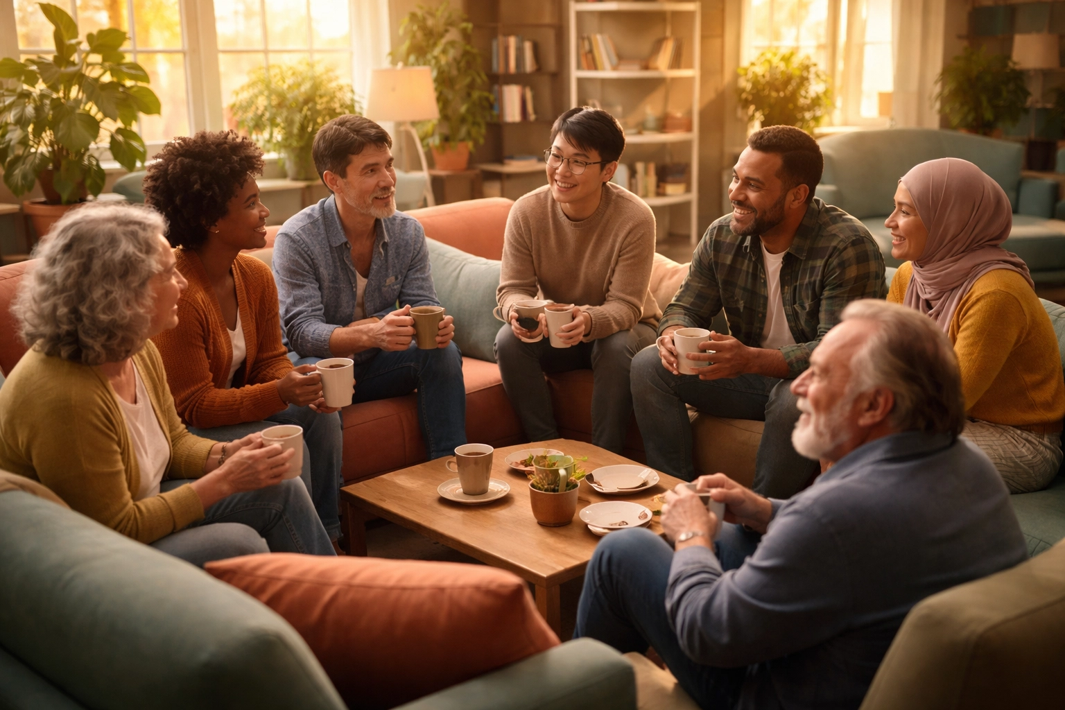 A diverse, welcoming group holds a supportive conversation in an LGBTQ community center, showcasing inclusive resources.