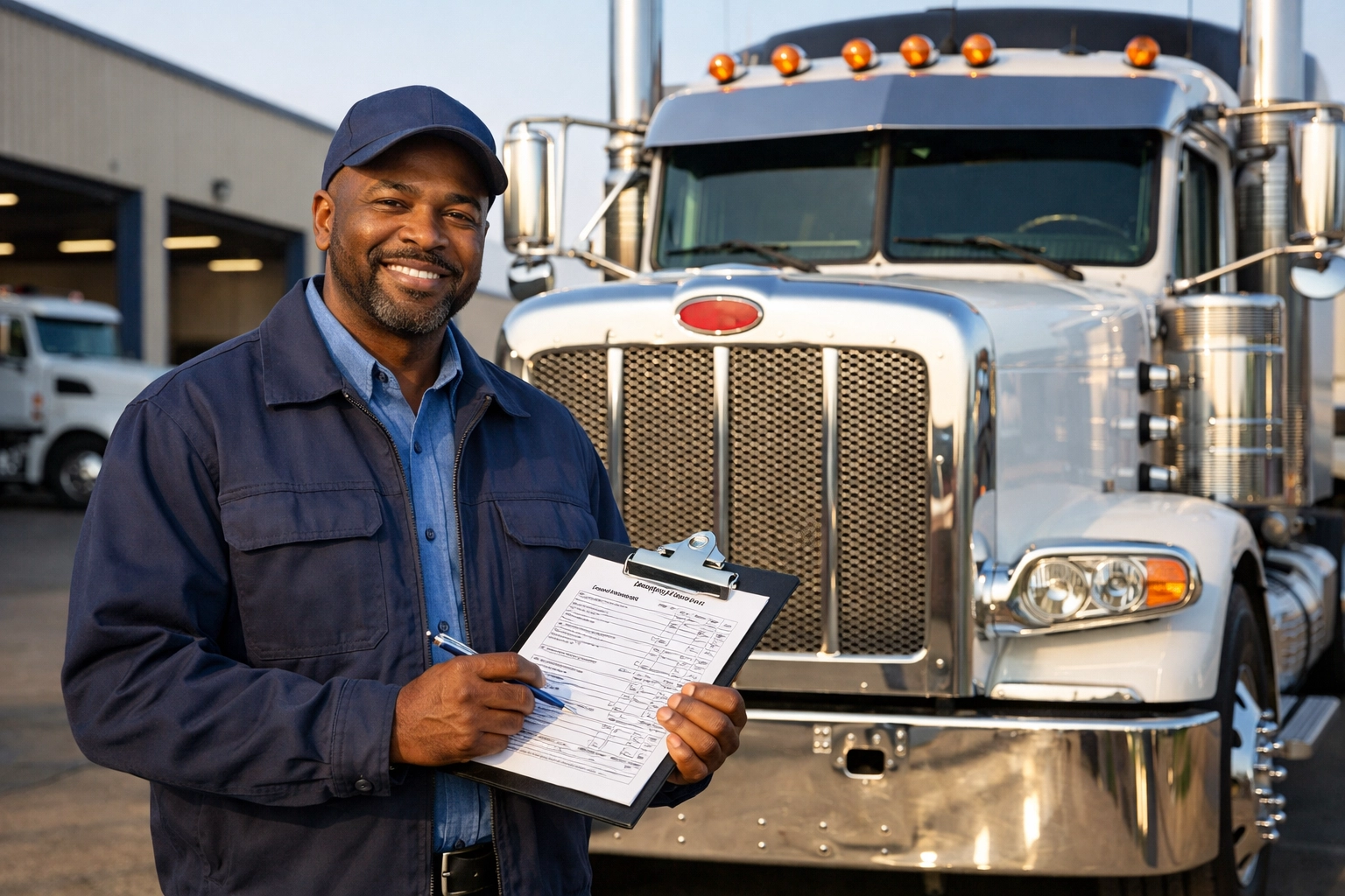 Professional truck driver conducting vehicle inspection with maintenance documentation