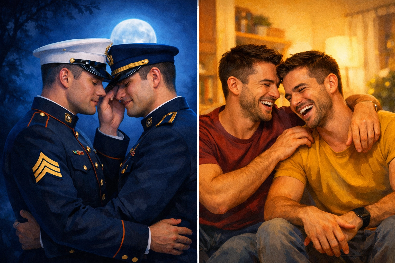 Gay military couple in uniform and civilian life showing MM romance fantasy versus reality