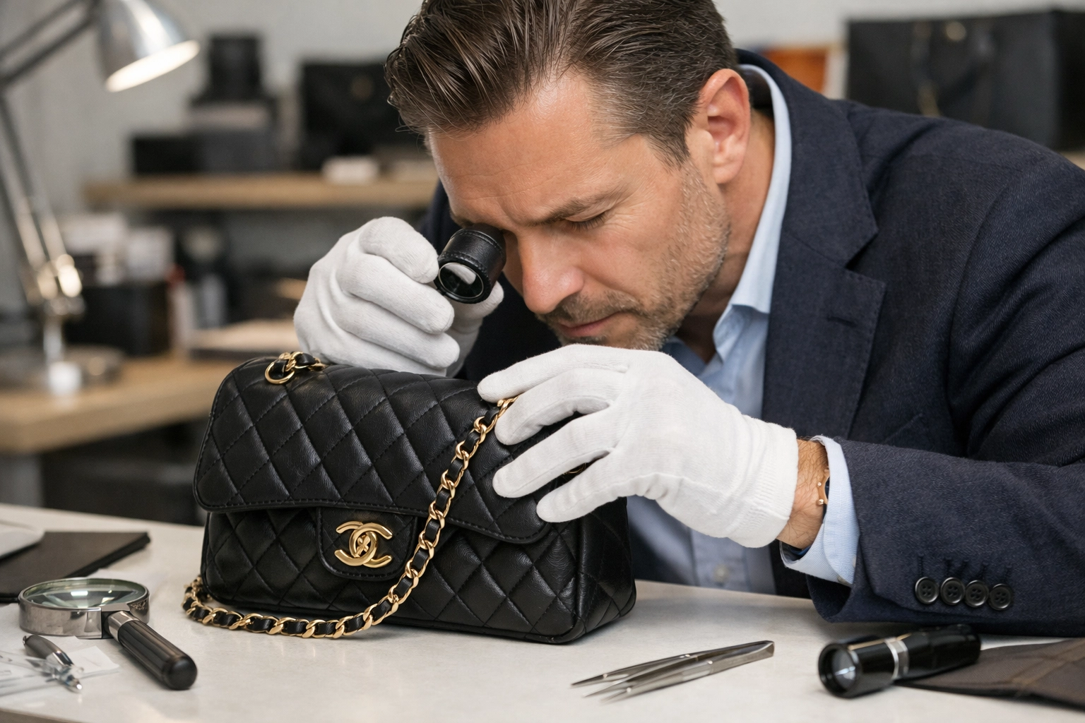 Professional human authenticator inspecting a luxury handbag in a clean workspace.