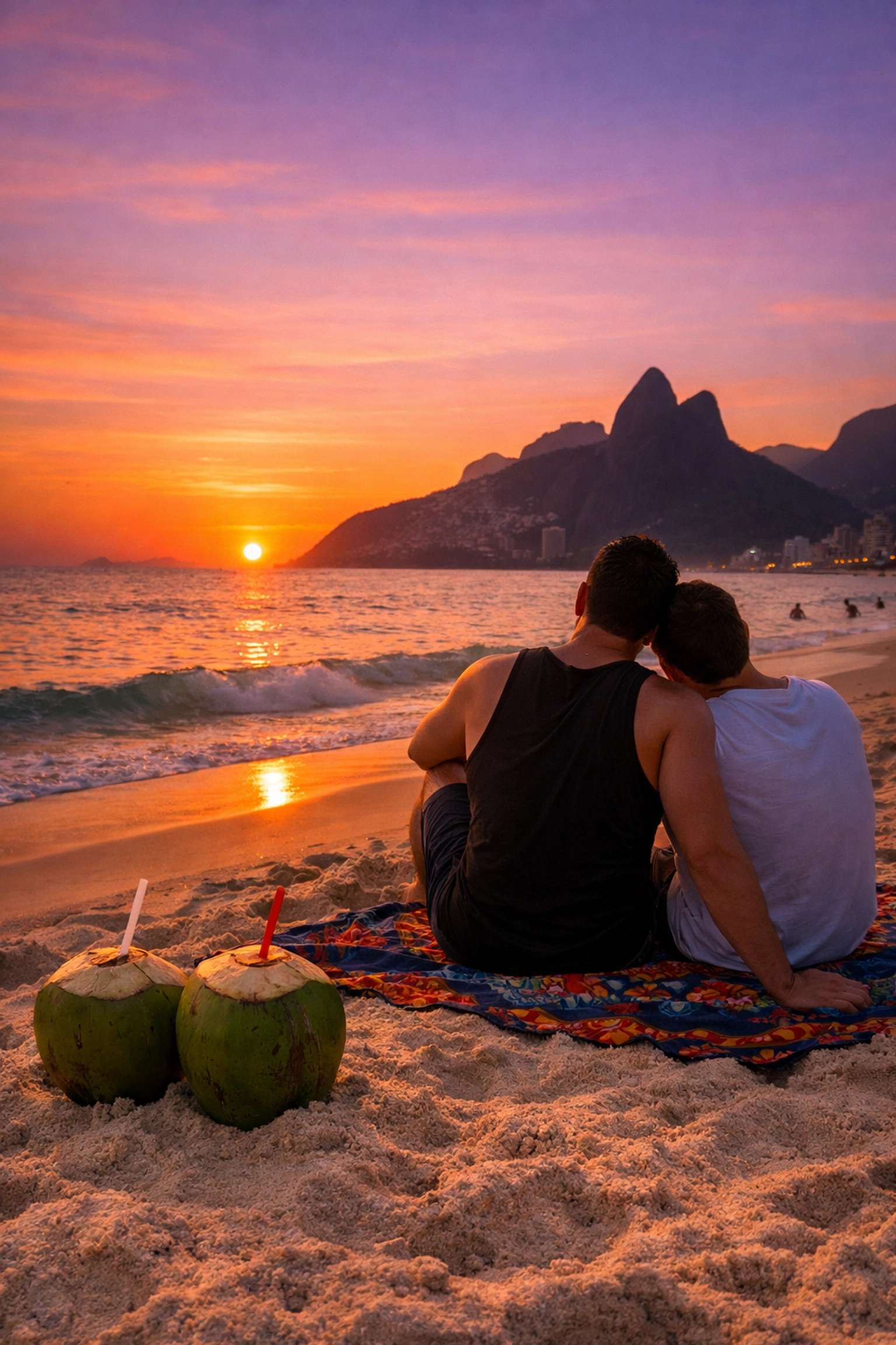 A romantic gay couple watching the sunset together on the iconic sands of Ipanema Beach in Rio.