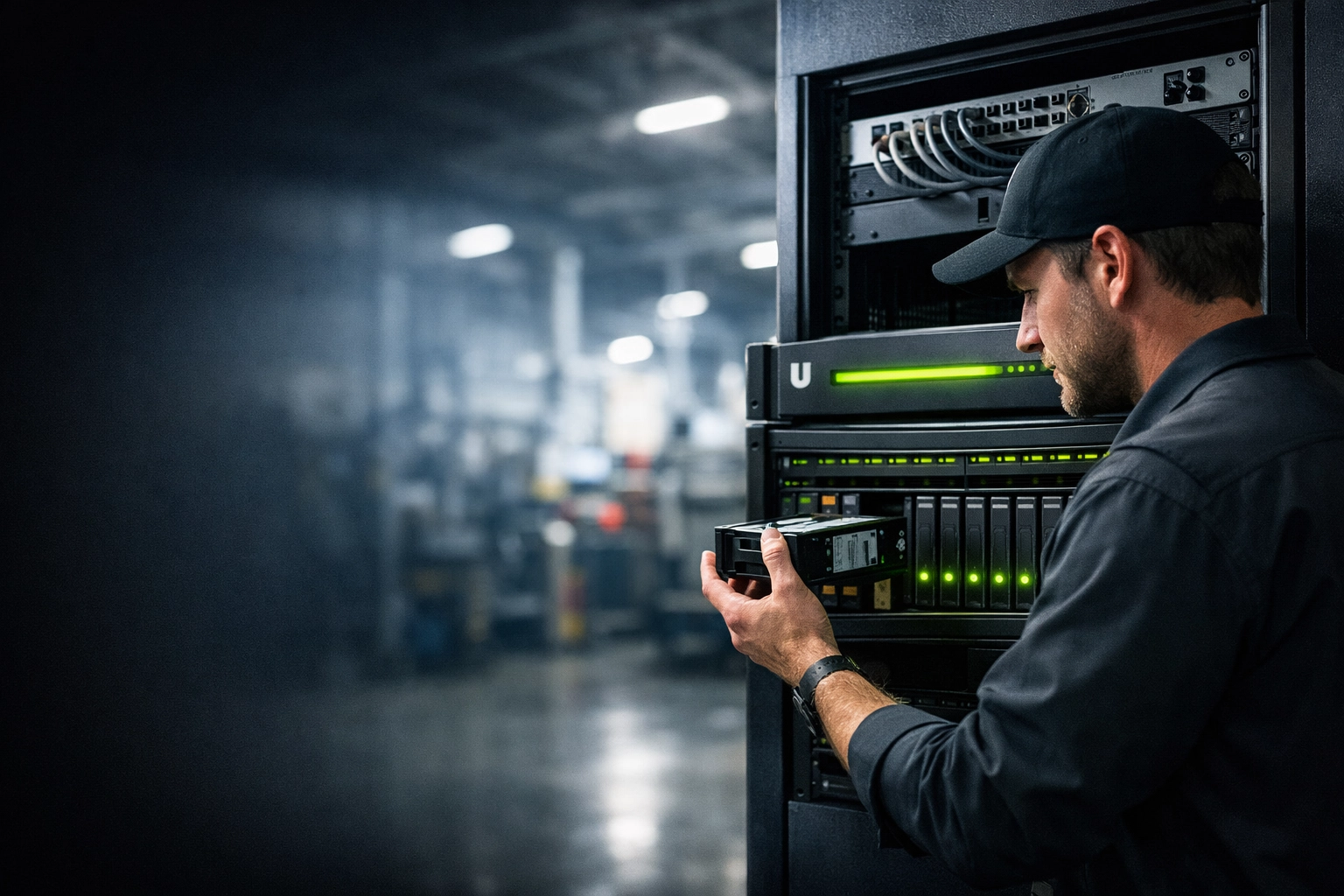 Professional IT technician managing a Ubiquiti NVR in a Midwest factory for secure, local CCTV footage storage.