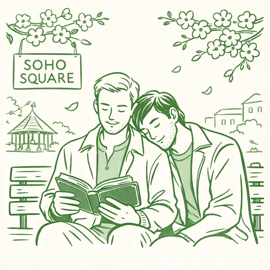Two men reading a gay novel together on a Soho Square bench surrounded by spring cherry blossoms.