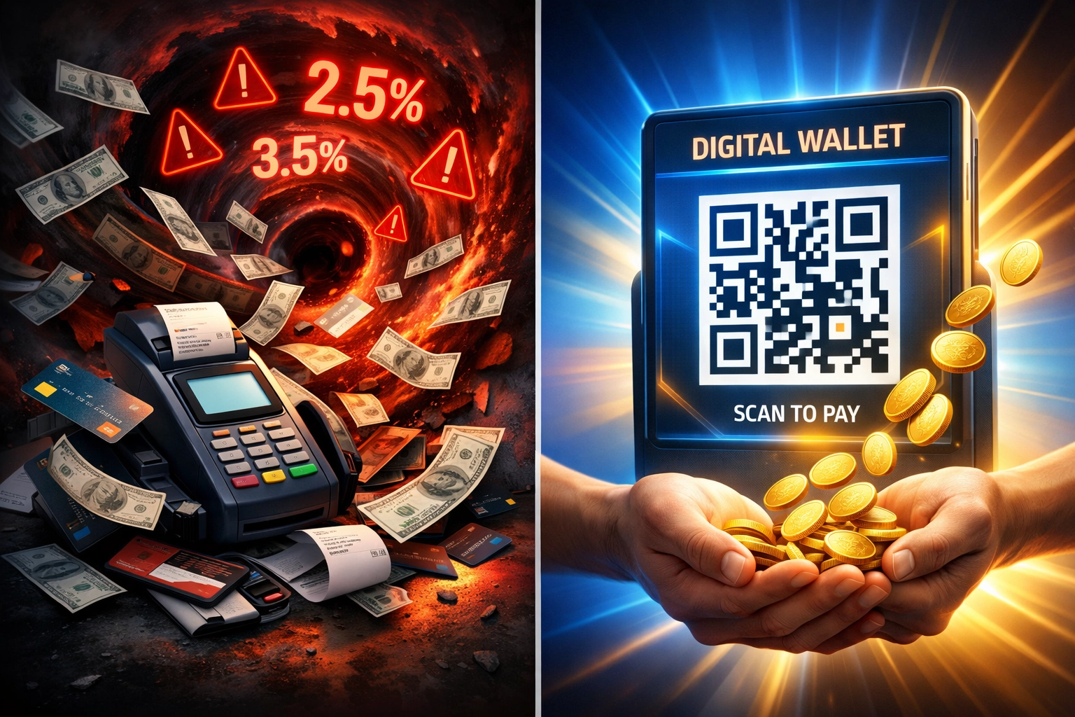 Traditional POS system losing money to fees vs self-custody crypto wallet saving merchant costs