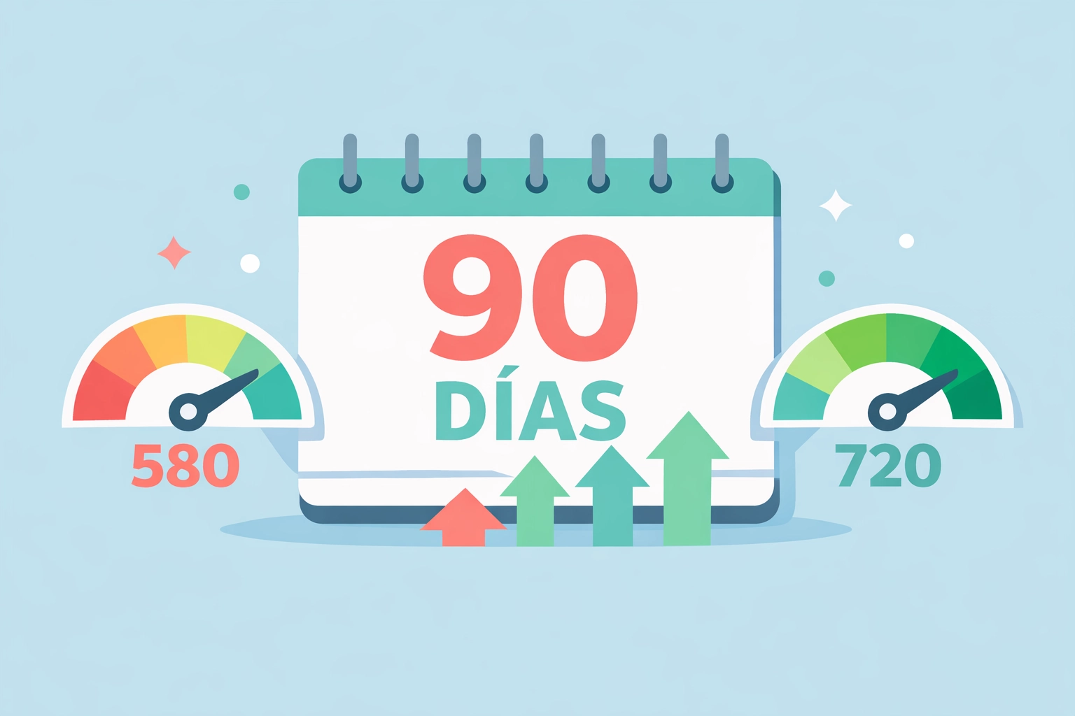 Calendario de 90 días mostrando incremento del puntaje de crédito de 580 a 720 puntos