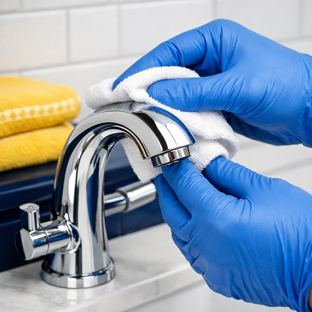 Professional maid service Cambridge detail cleaning a modern bathroom with non-toxic solutions.