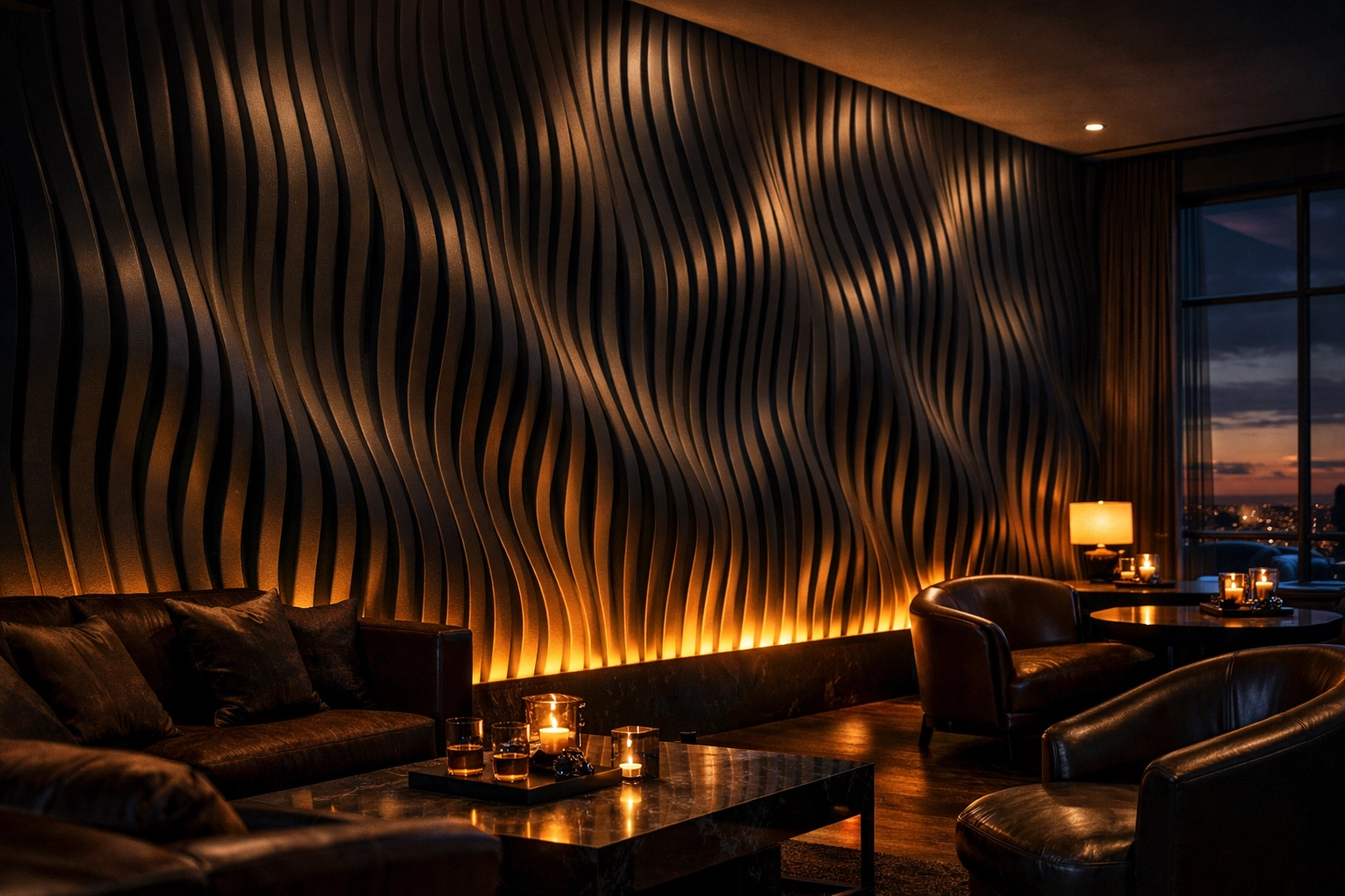 Backlit charcoal 3D acoustic panels with wave patterns for luxury restaurant soundproofing.