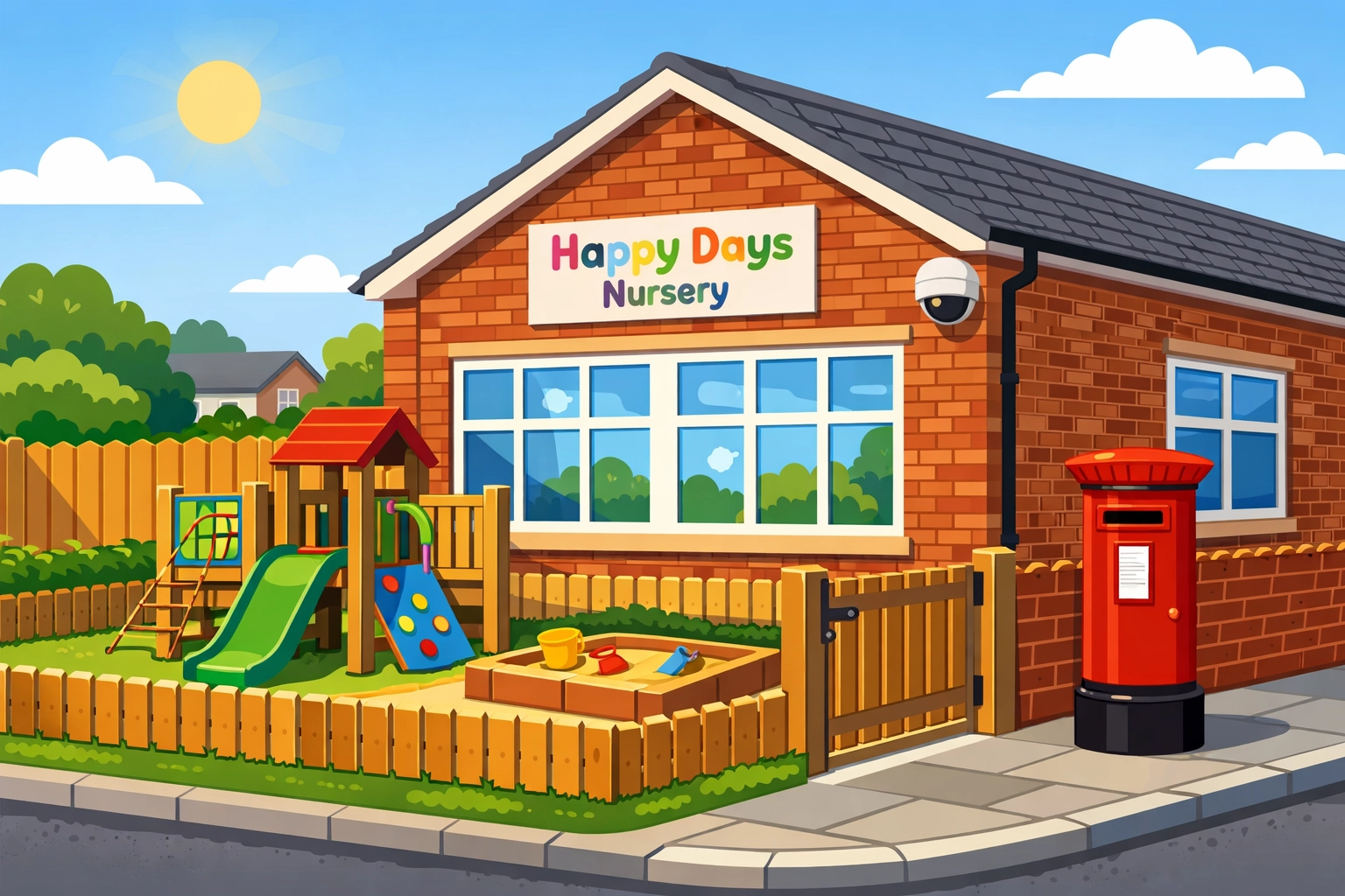 Professional CCTV installation at a Cardiff nursery monitoring the playground and secure entrance gate.