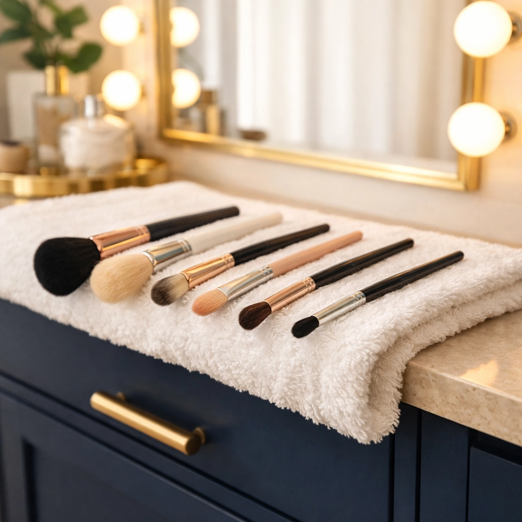 Clean makeup brushes laying flat on a towel to dry properly and prevent moisture damage to the handles.