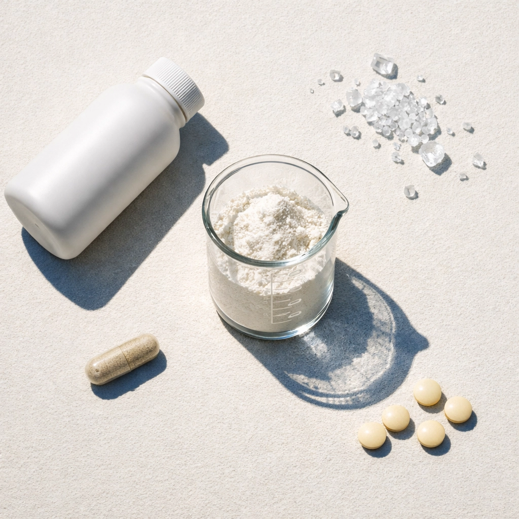 GLP-1 companion product ingredients including leucine powder, protein, and electrolytes