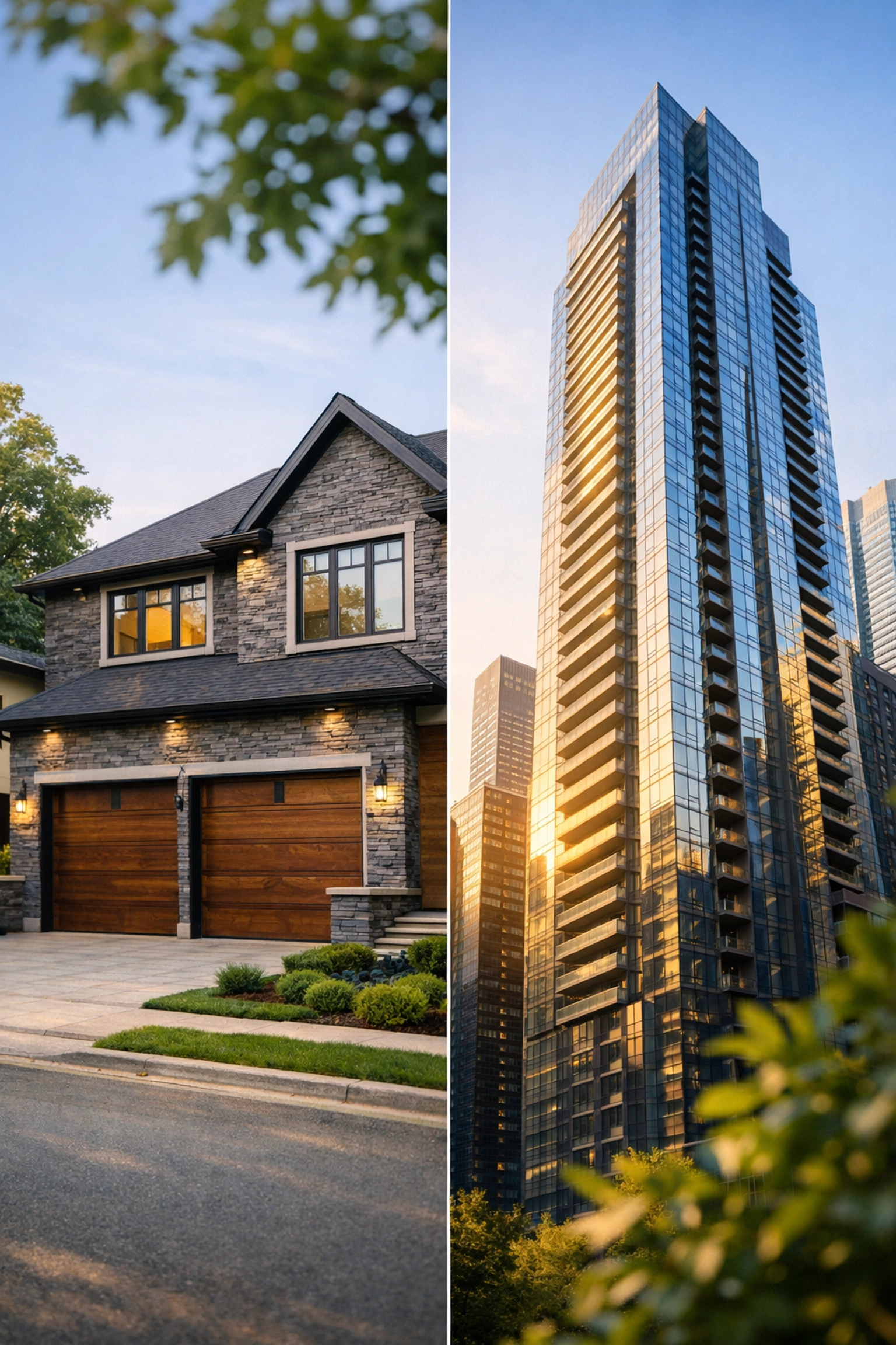 Modern detached home and high-rise condo tower representing the 2026 Toronto housing market forecast.