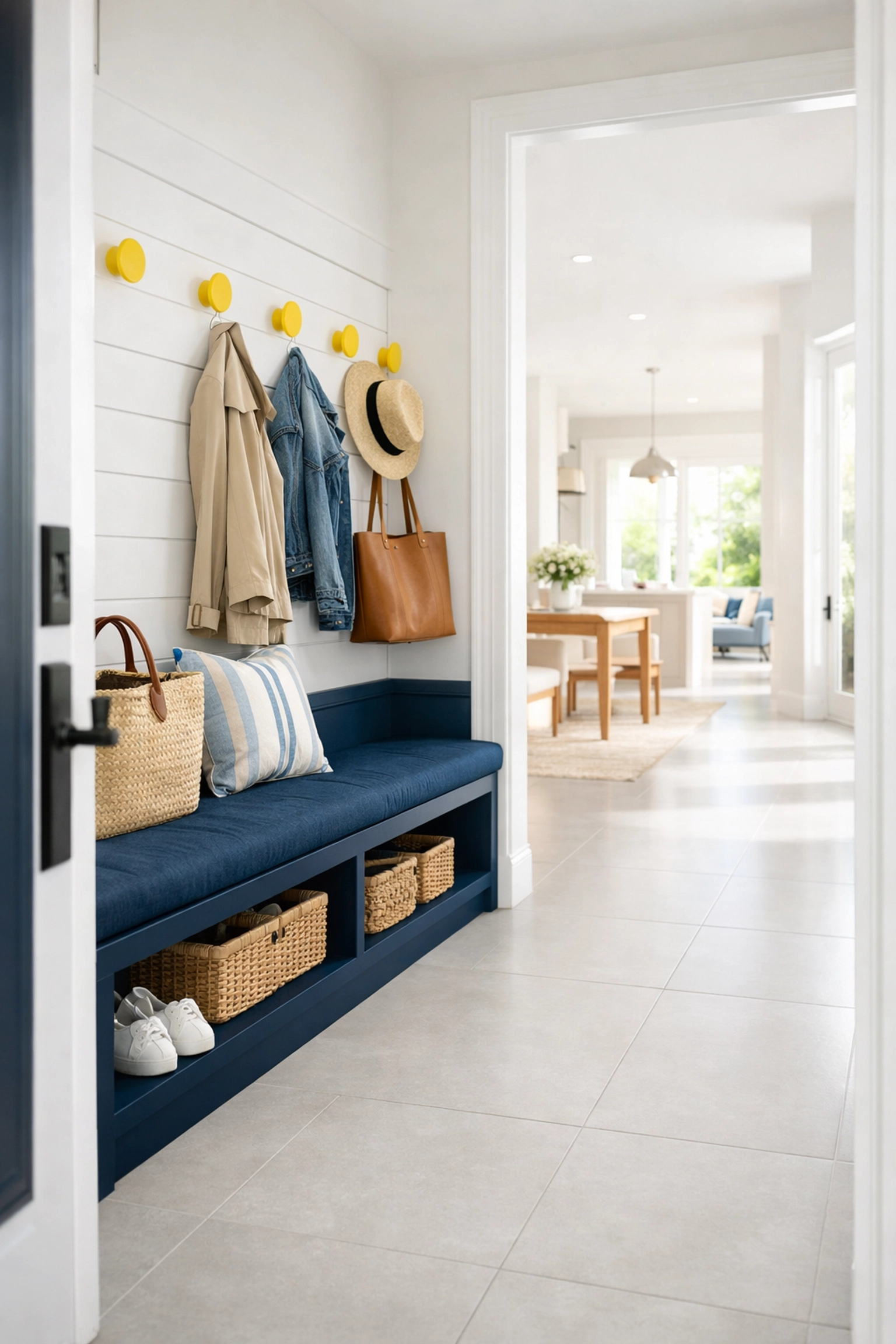 A bright and tidy entryway in a Bolton residence featuring impeccably clean tile floors.